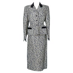 Traje de falda de los años 50 en jacquard de seda y terciopelo Jacques Fath Paris