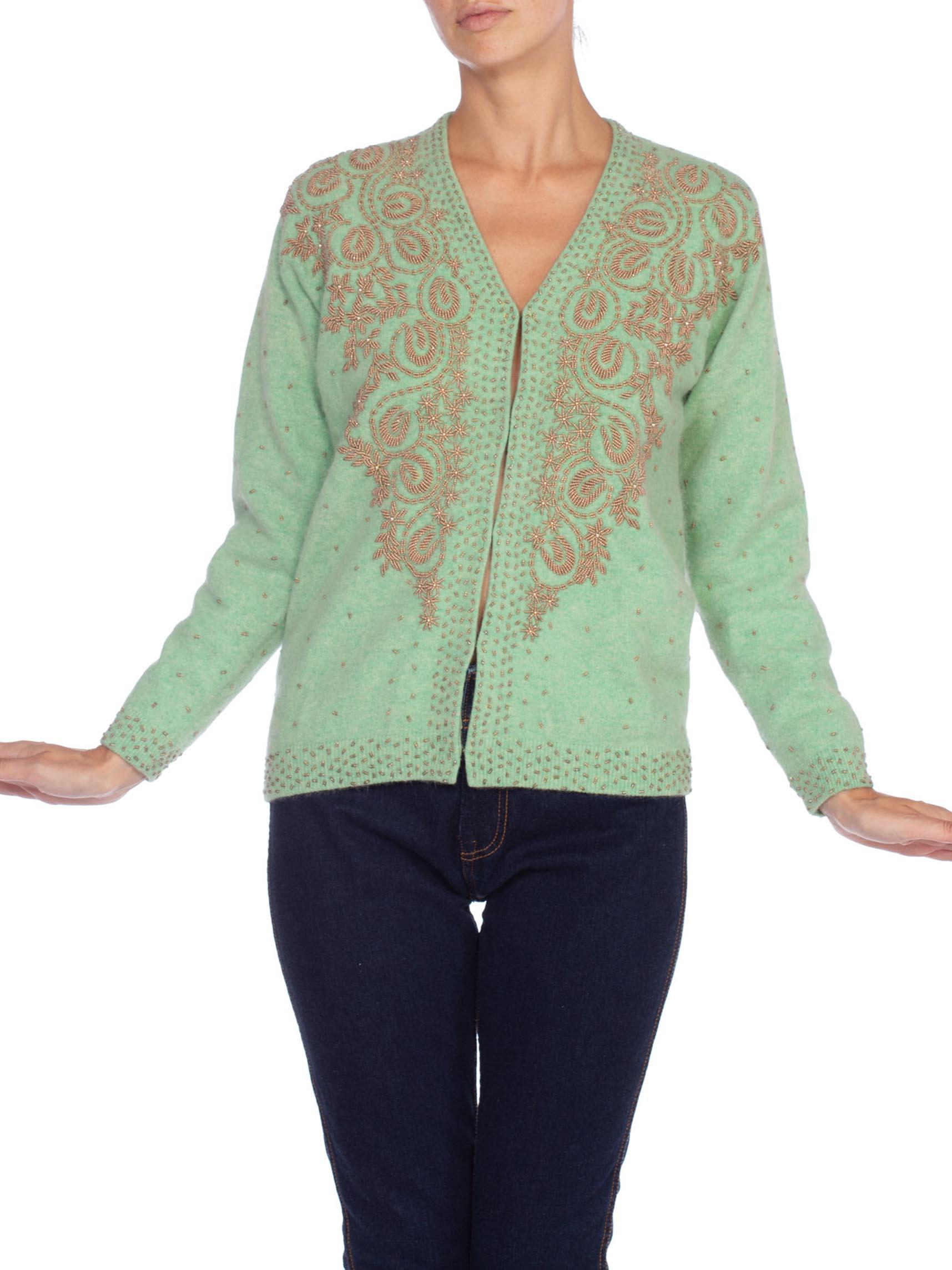 1950's Silk Lined Green Cashmere Peacock Beaded Sweater