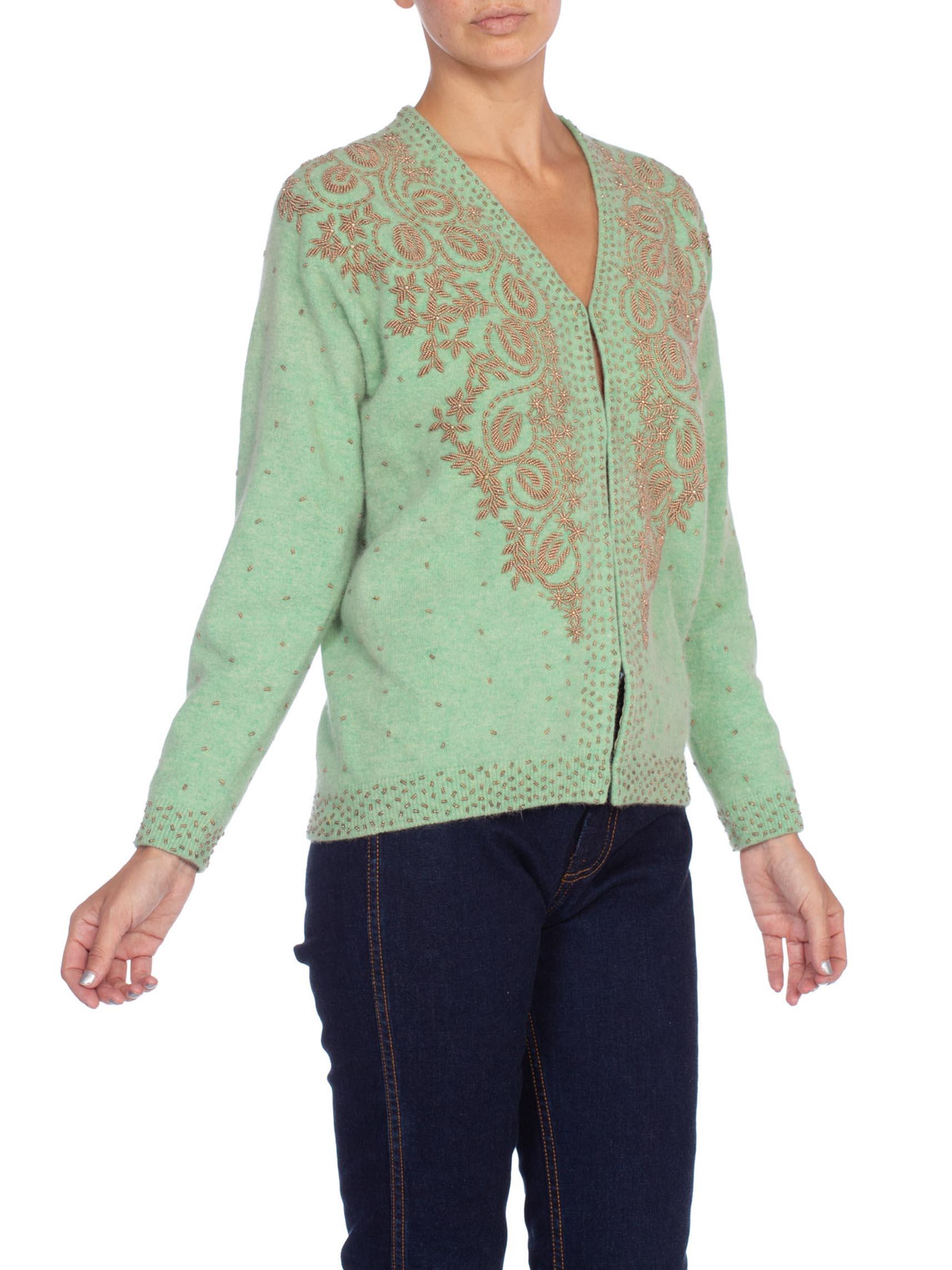 Gray 1950'S Mint Green Cashmere Knit Gold Beaded & Silk Lined Sweater Cardigan