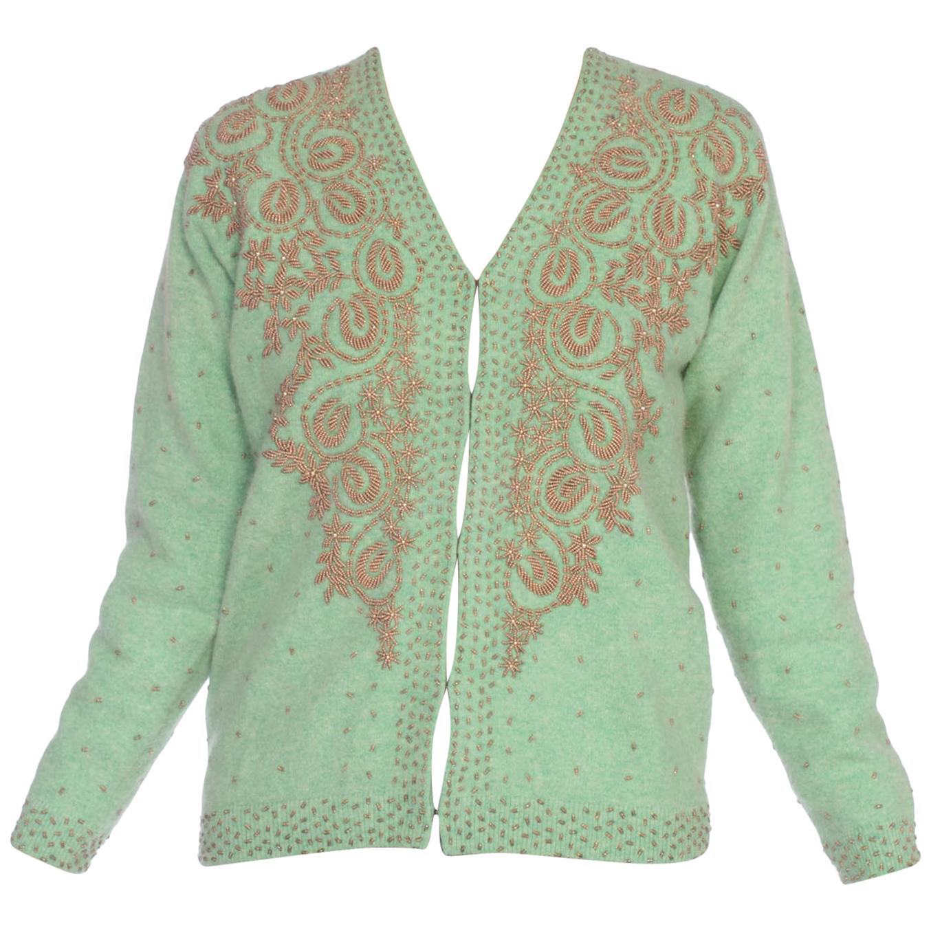 1950'S Mint Green Cashmere Knit Gold Beaded & Silk Lined Sweater Cardigan