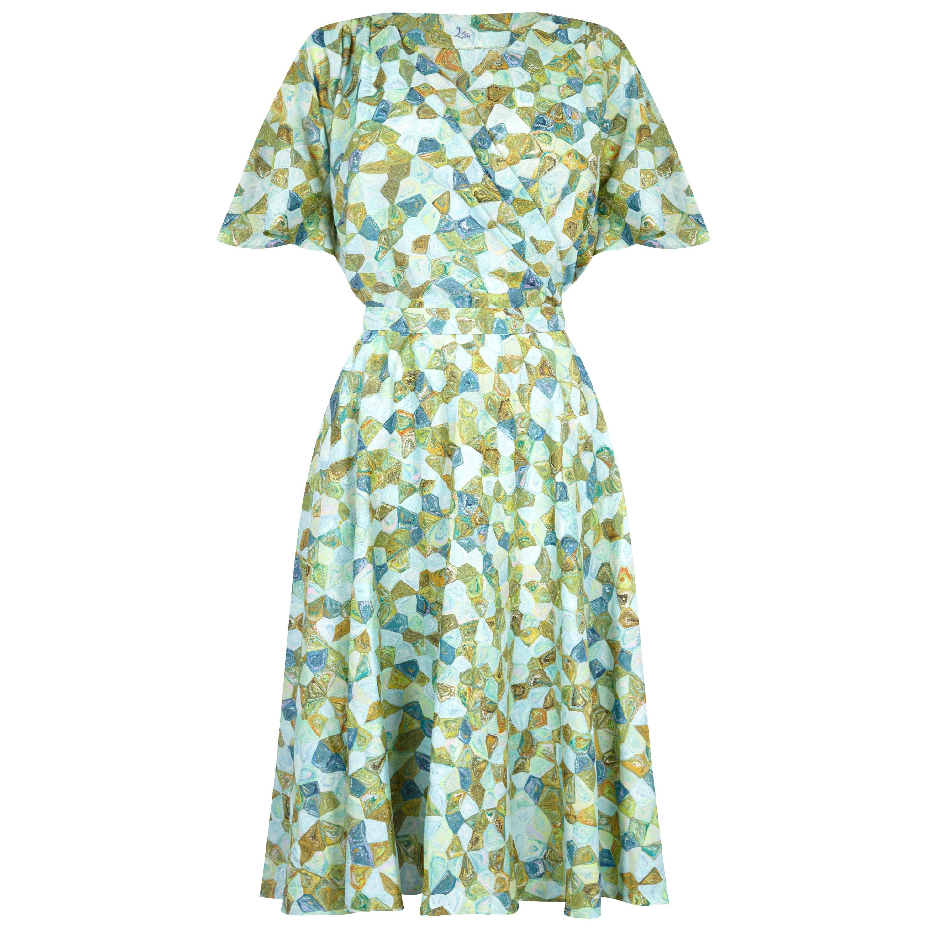 1950s Silk Pale Green Abstract Novelty Patterned Dress For Sale