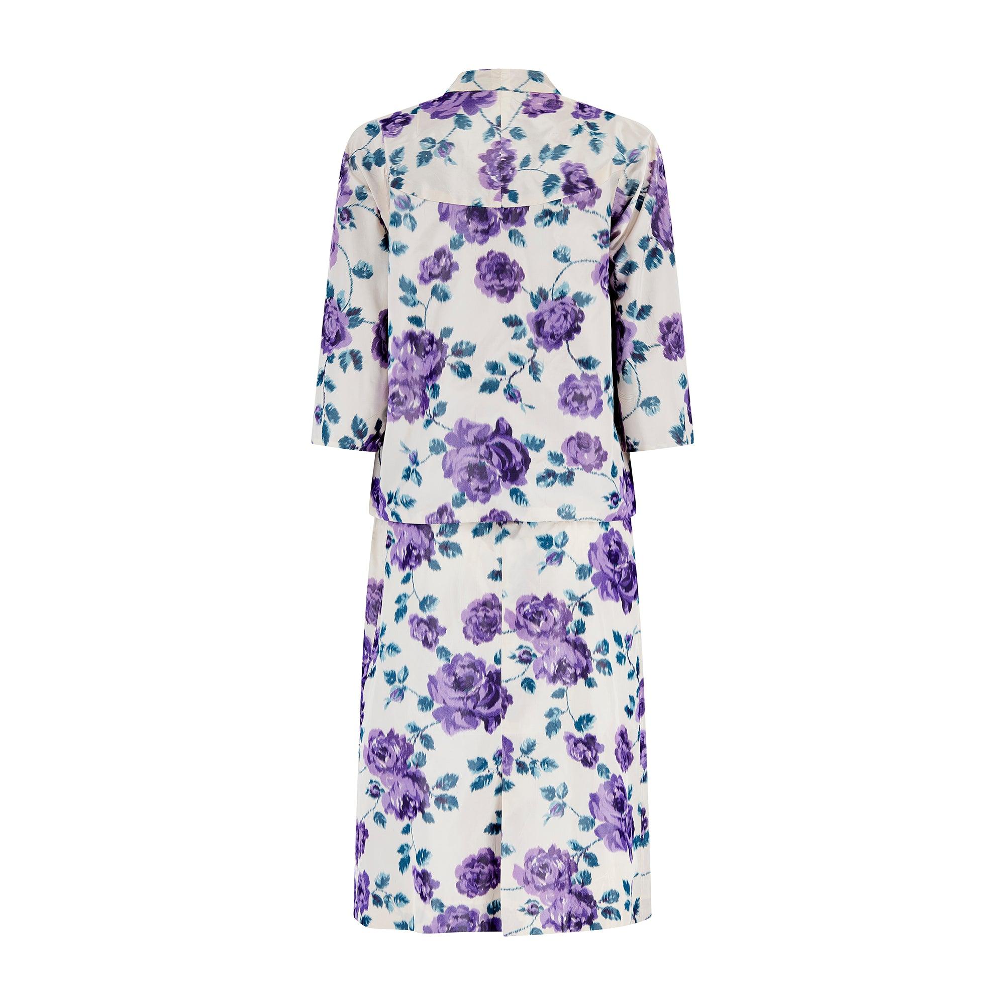 Vestito midi a turni in seta viola e giacca degli anni '50 In condizioni buone in vendita a London, GB