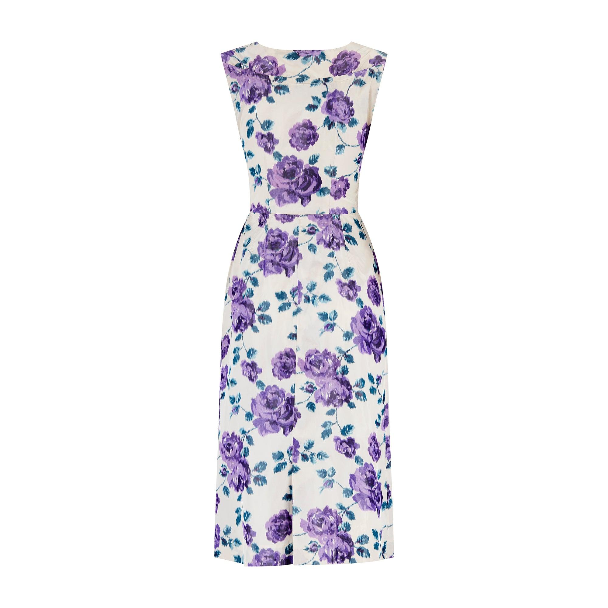 Donna Vestito midi a turni in seta viola e giacca degli anni '50 in vendita