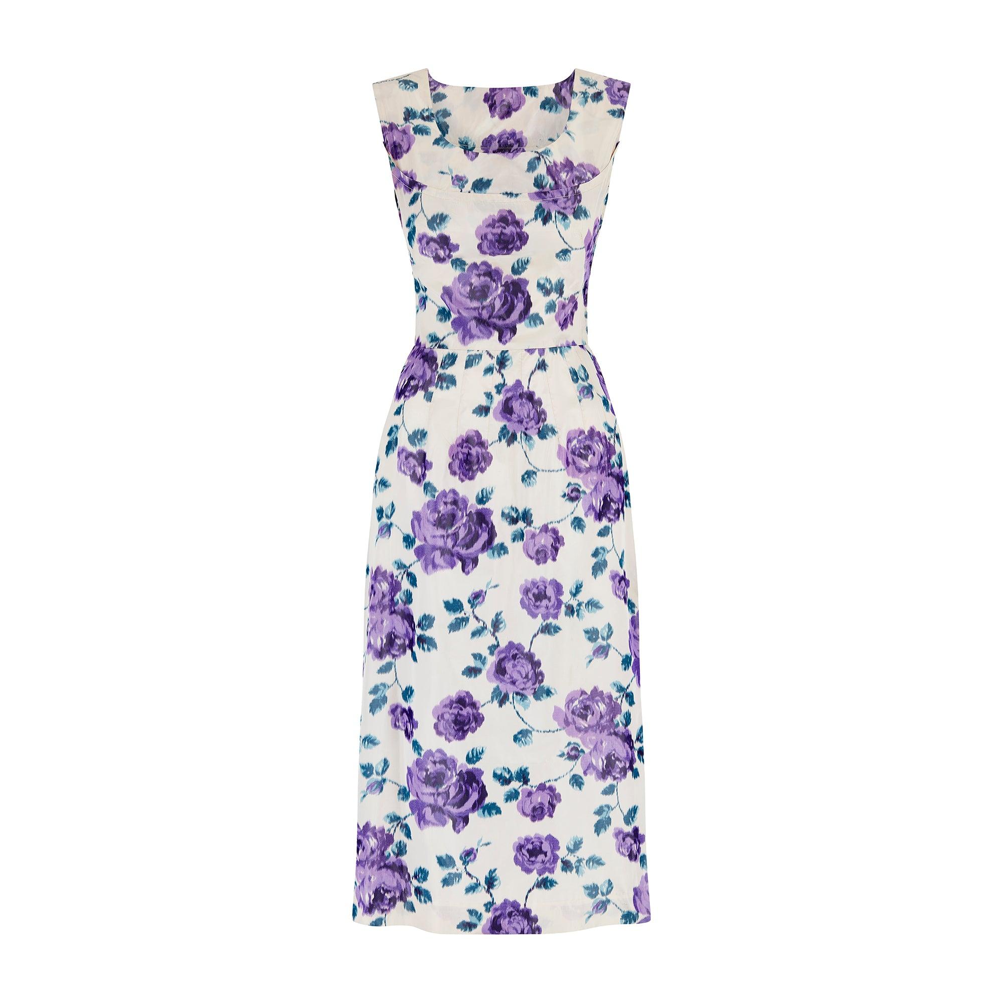 Vestito midi a turni in seta viola e giacca degli anni '50 in vendita 2