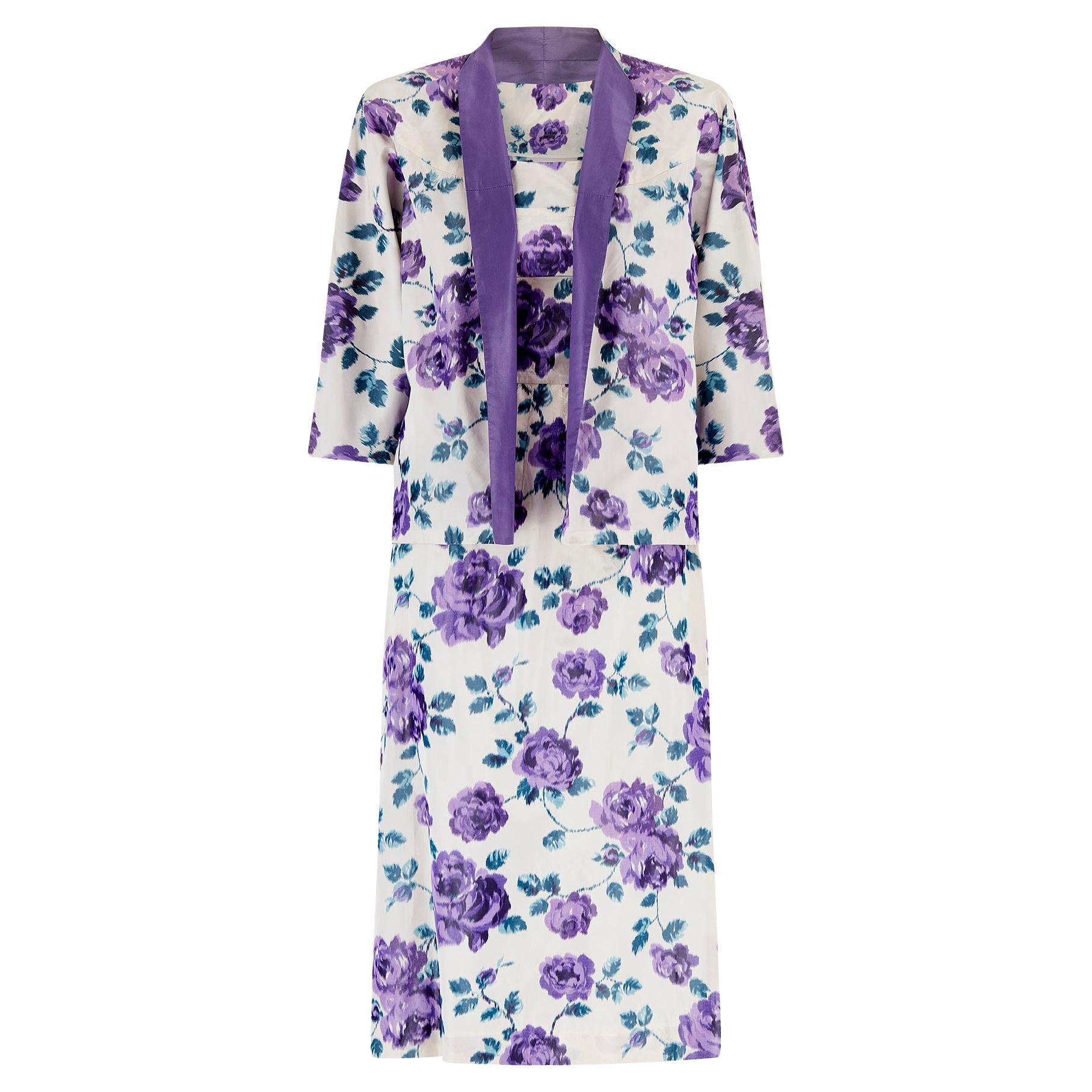 Vestito midi a turni in seta viola e giacca degli anni '50 in vendita