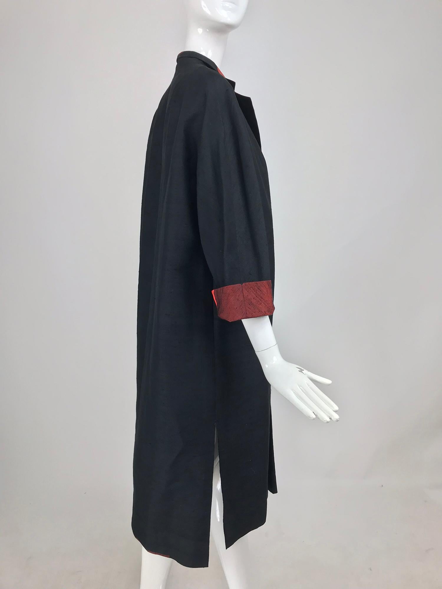 1950s Silk Shantung Reversible Coat Black and Orange Buffalo Plaid  10