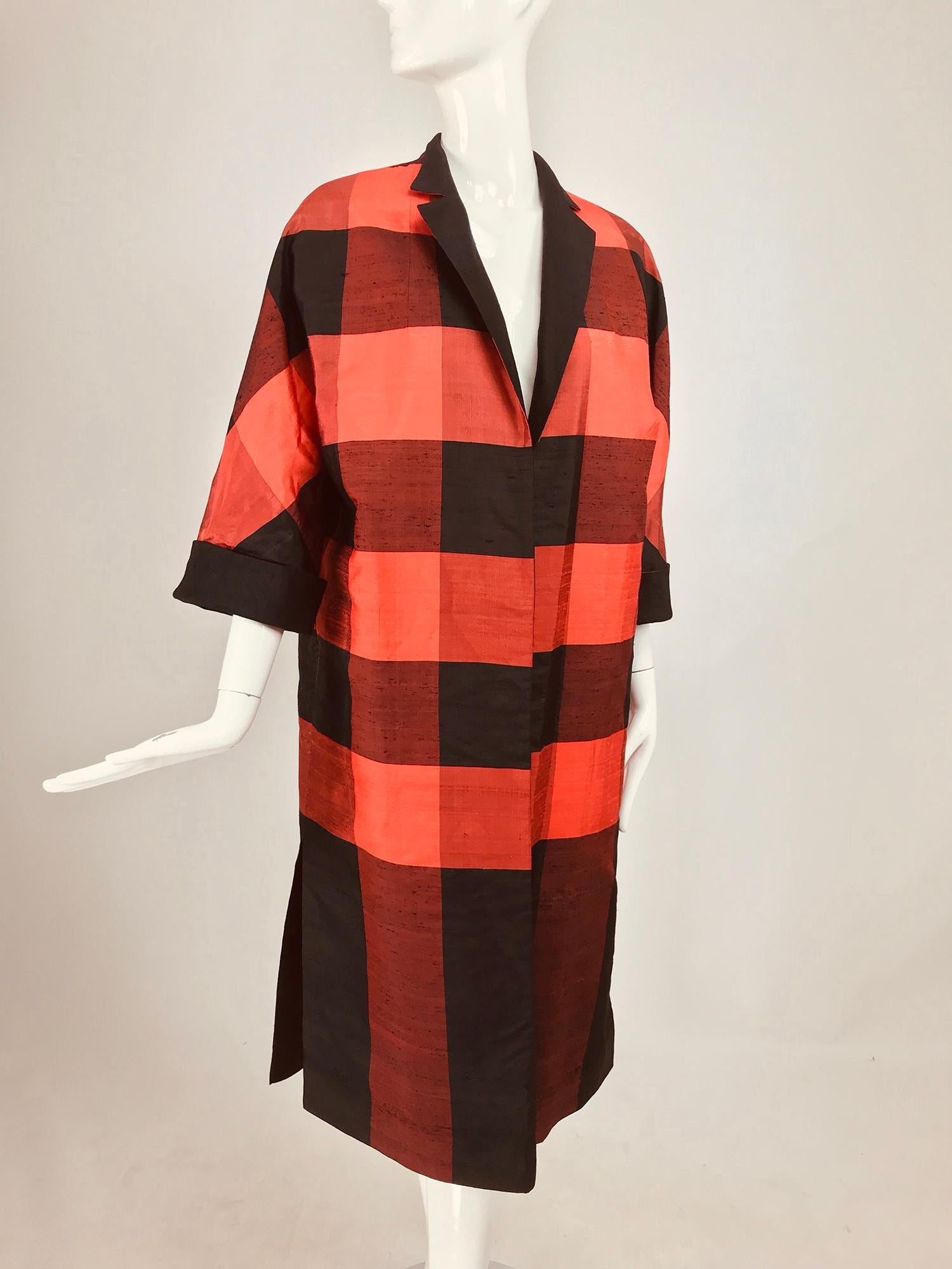 1950s Silk Shantung Reversible Coat Black and Orange Buffalo Plaid  In Excellent Condition In West Palm Beach, FL