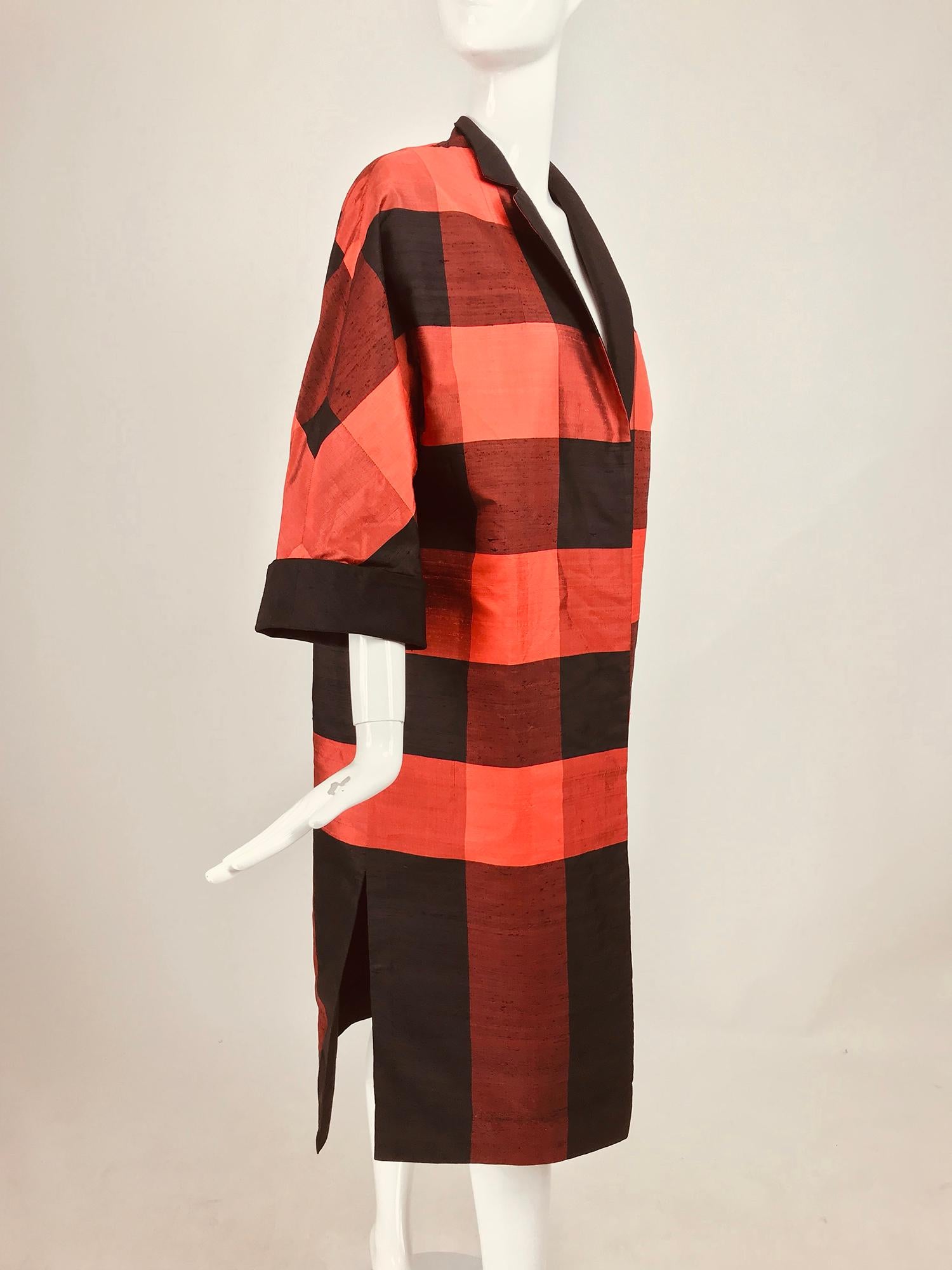 Women's 1950s Silk Shantung Reversible Coat Black and Orange Buffalo Plaid 