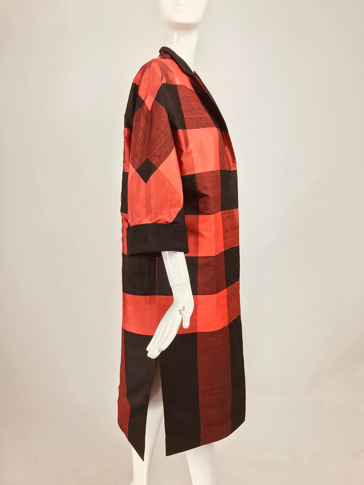 1950s Silk Shantung Reversible Coat Black and Orange Buffalo Plaid  1