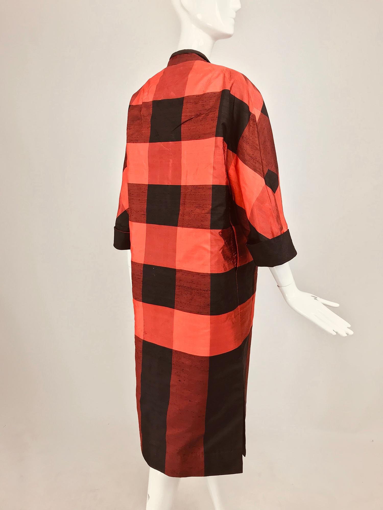 1950s Silk Shantung Reversible Coat Black and Orange Buffalo Plaid  3