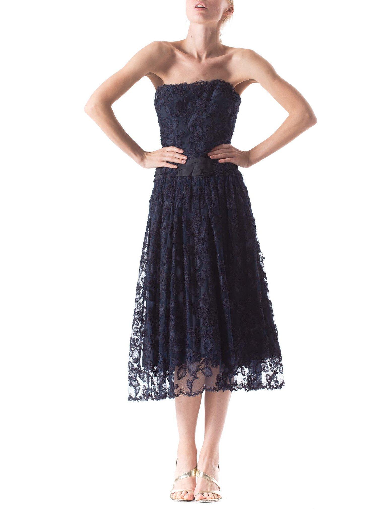 1950S Navy Blue Silk Taffeta & Passementrie Embroidered Lace Strapless Cocktail Dress
