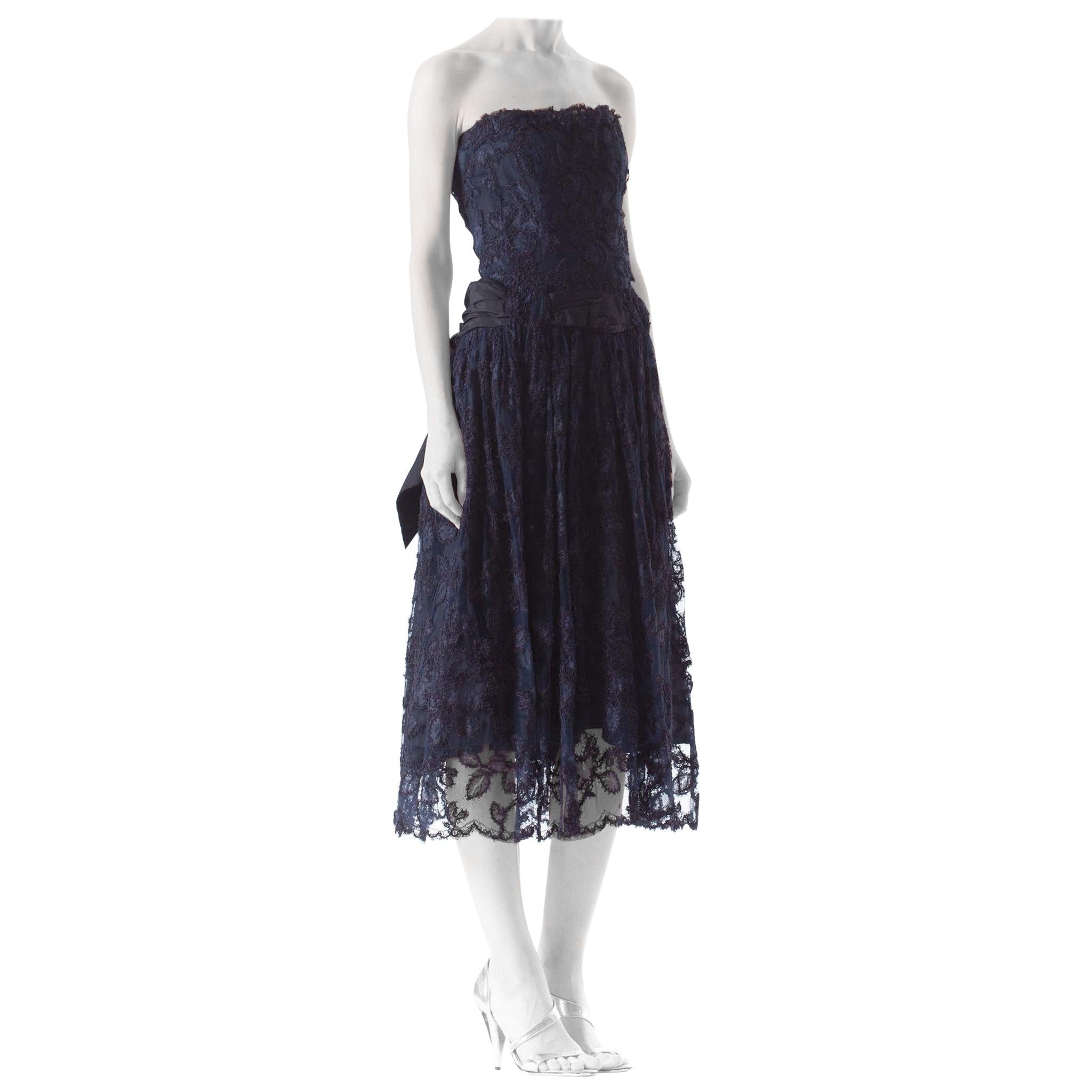 1950S Navy Blue Silk Taffeta & Passementrie Embroidered Lace Strapless Cocktail For Sale