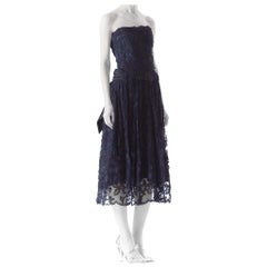 Vintage 1950S Navy Blue Silk Taffeta & Passementrie Embroidered Lace Strapless Cocktail