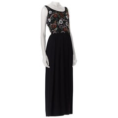 1950S Black Rayon & Silk Crepe Gown Beaded With Orange White Flowers