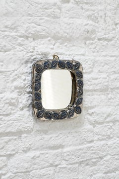 1950s Silver & Blue Leaf Ceramic Framed Mirror in the Style of Mithe Espelt