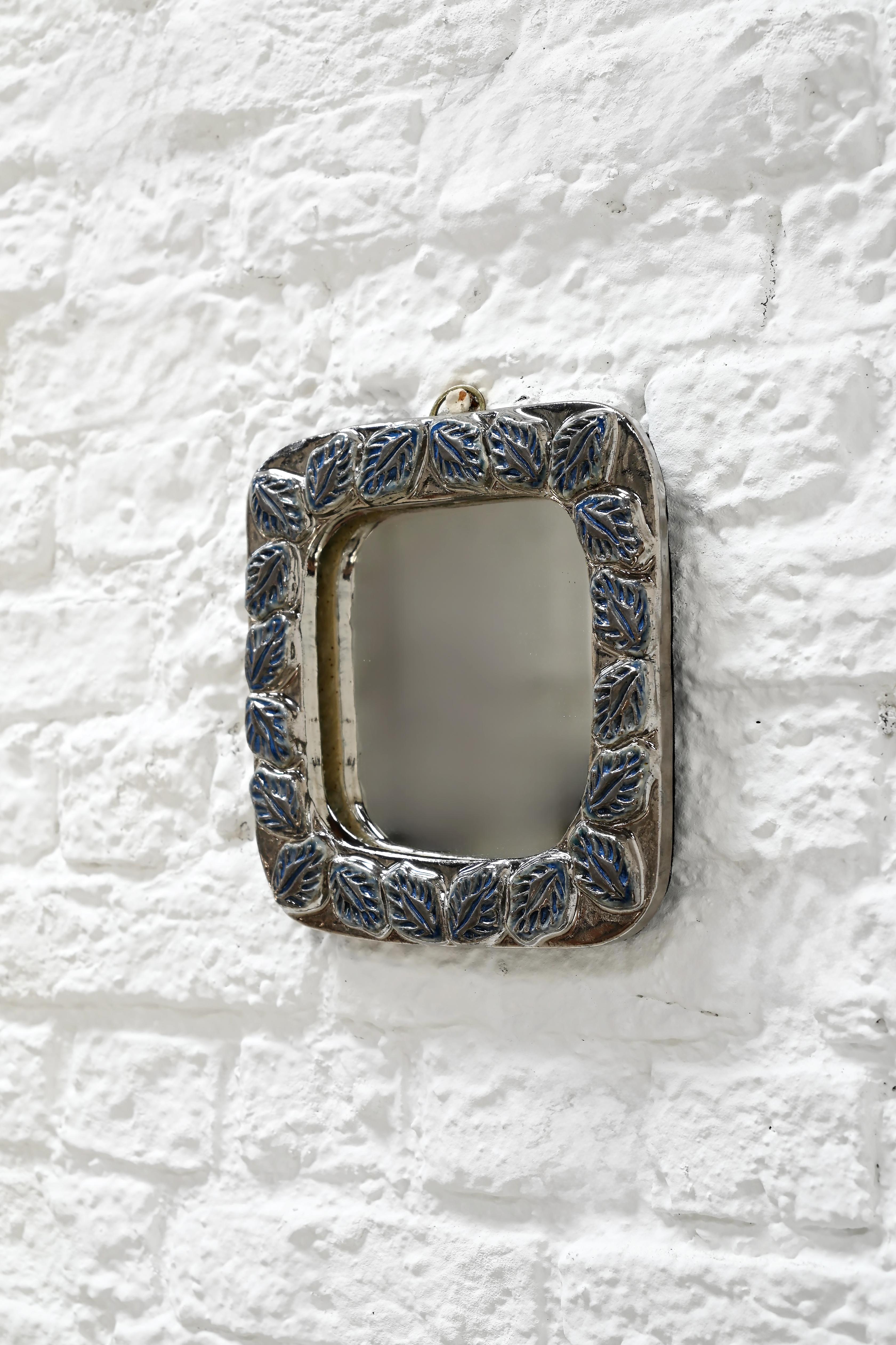 Mid-Century Modern 1950s Silver & Blue Leaf Ceramic Framed Mirror in the Style of Mithe Espelt For Sale
