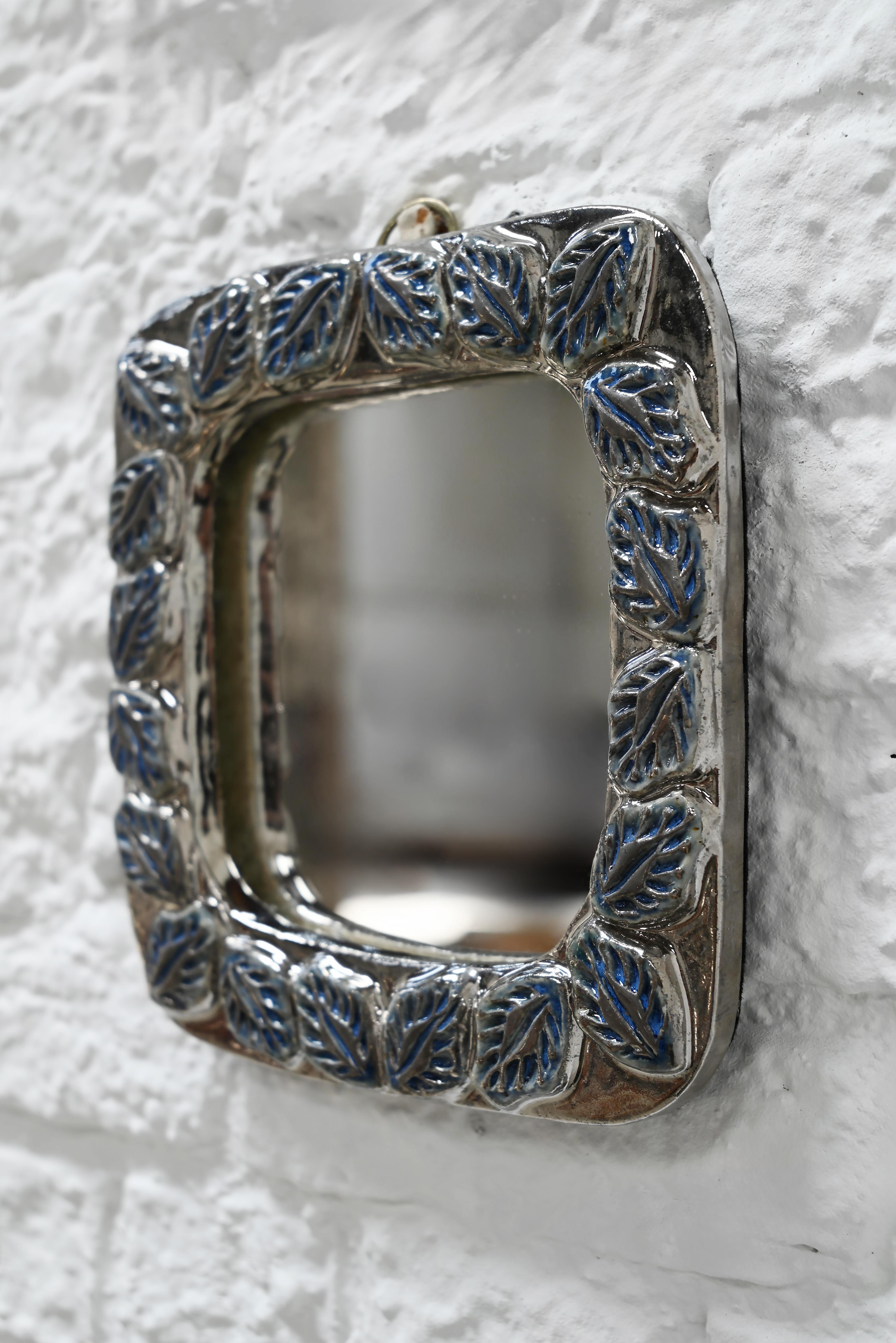French 1950s Silver & Blue Leaf Ceramic Framed Mirror in the Style of Mithe Espelt For Sale