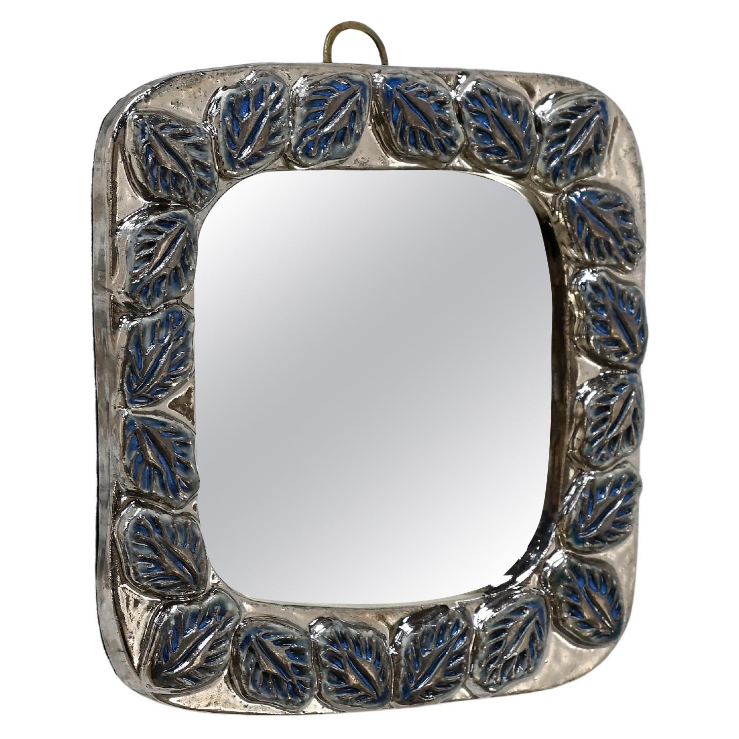 1950s Silver & Blue Leaf Ceramic Framed Mirror in the Style of Mithe Espelt For Sale