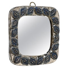 1950s Silver & Blue Leaf Ceramic Framed Mirror in the Style of Mithe Espelt