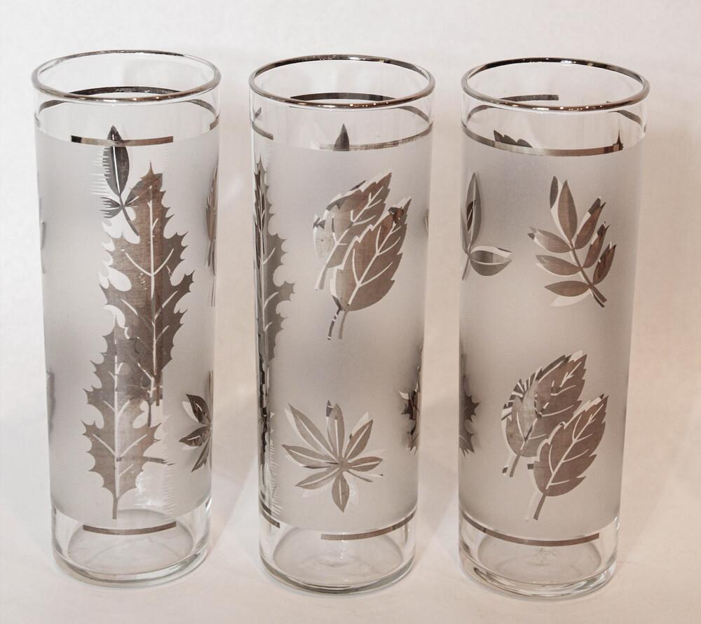 Mid-Century Modern 1950s Silver Foliage Highball Cocktail Glasses by Libbey Glass Co Set of 8 For Sale