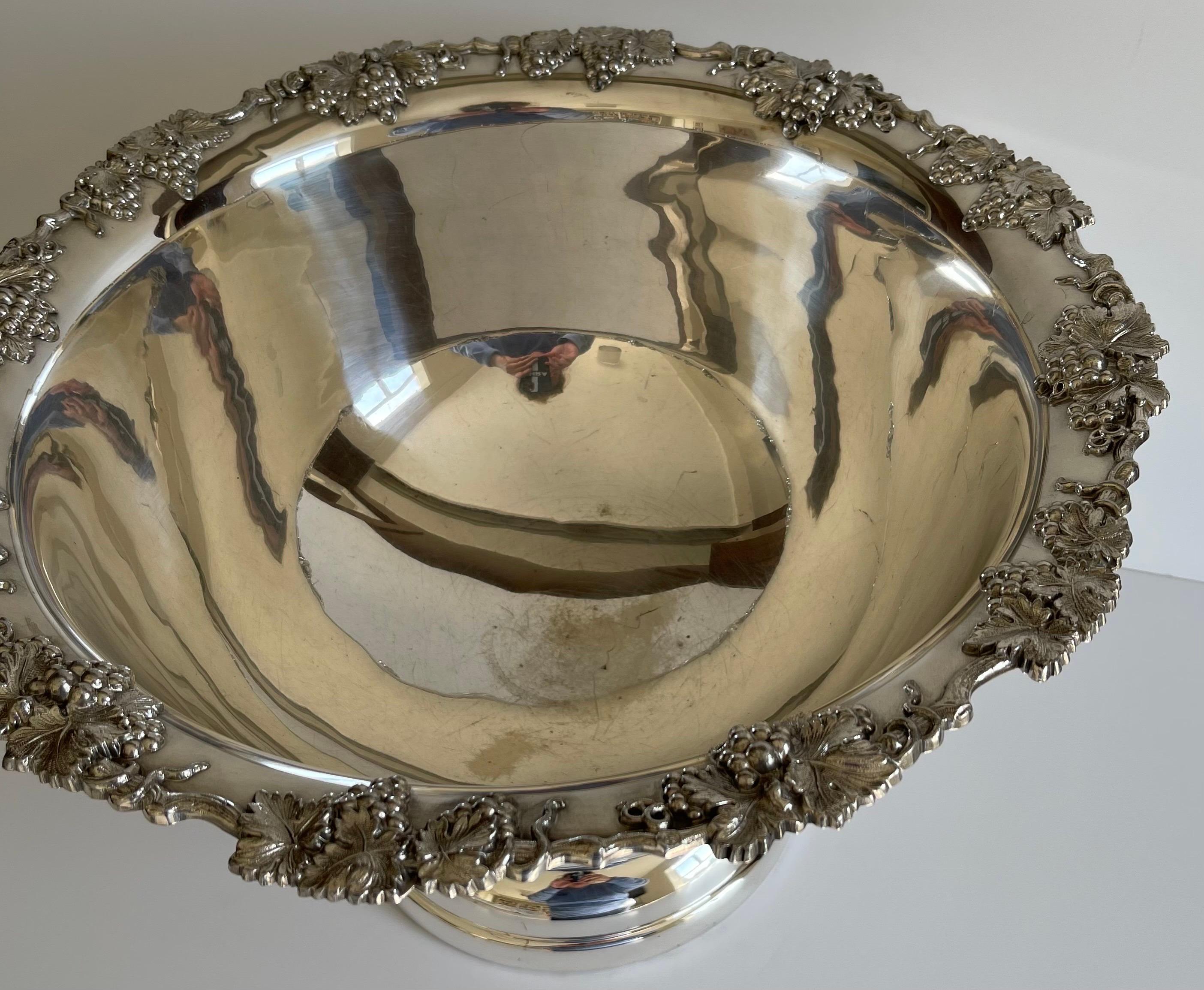 1950s Silver Grape Motif Large Punch Bowl In Good Condition For Sale In Stamford, CT