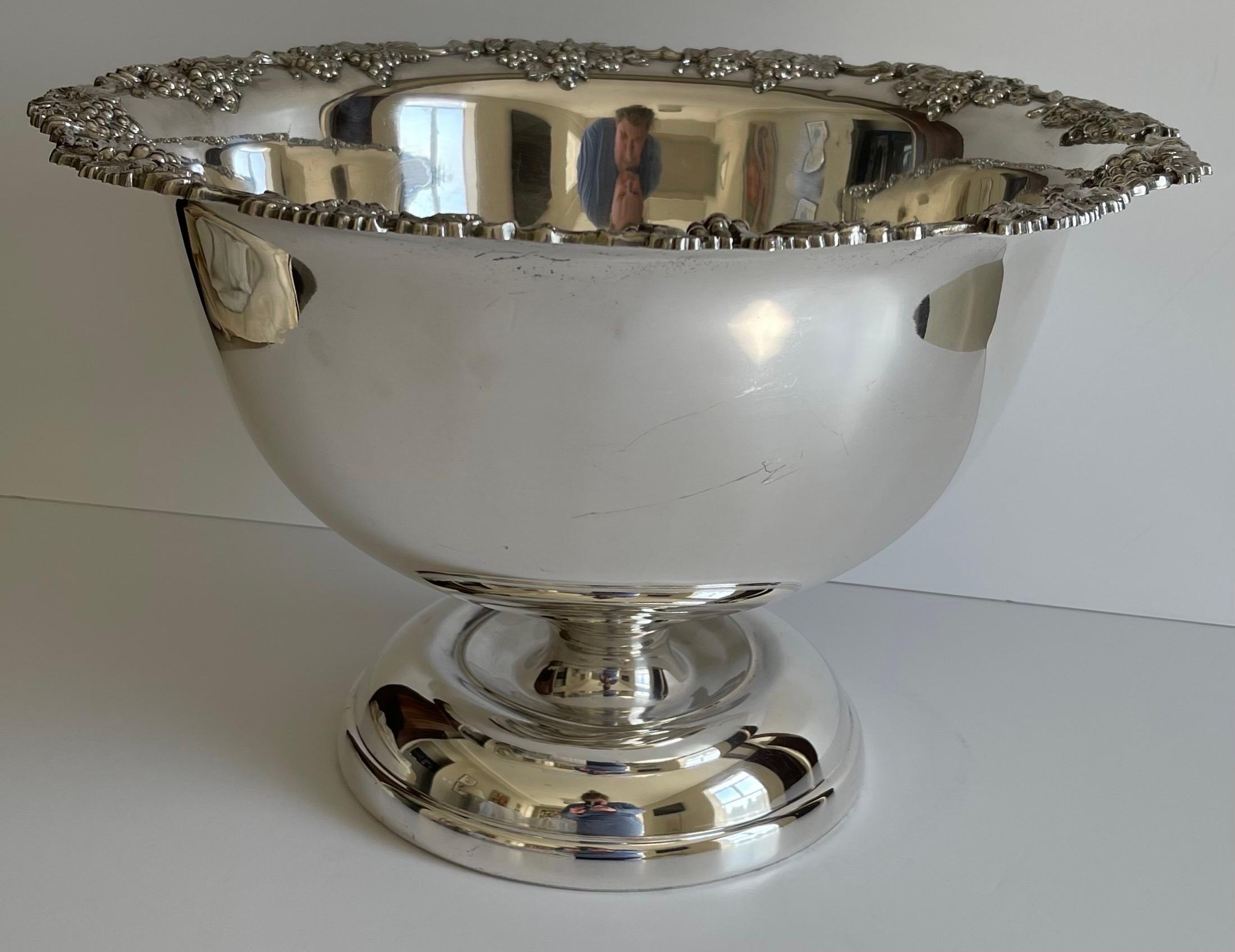 Silver Plate 1950s Silver Grape Motif Large Punch Bowl For Sale