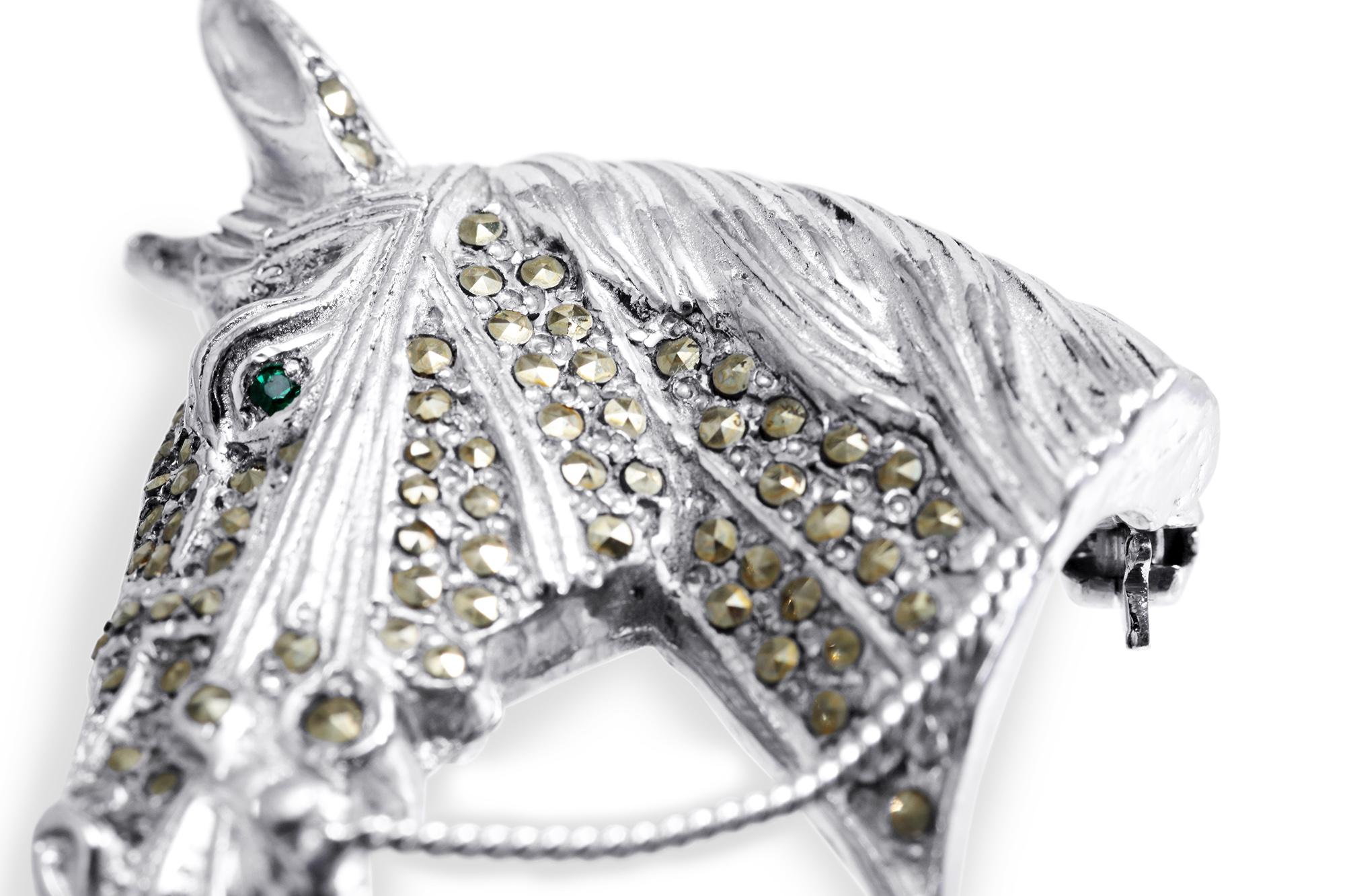 Octagon Cut 1950s Silver Horse Head Brooch With Marcasite Stones For Sale