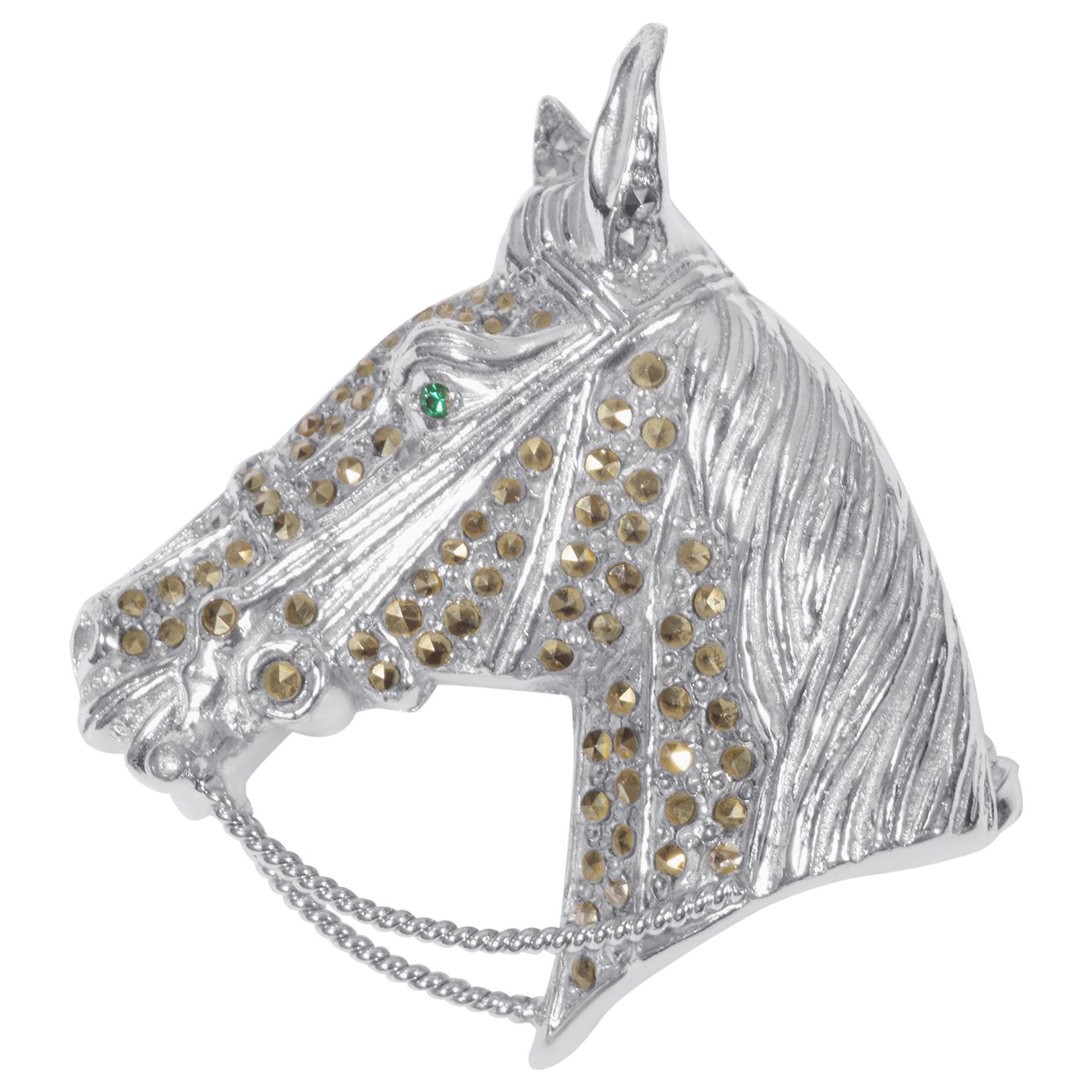 1950s Silver Horse Head Brooch With Marcasite Stones For Sale