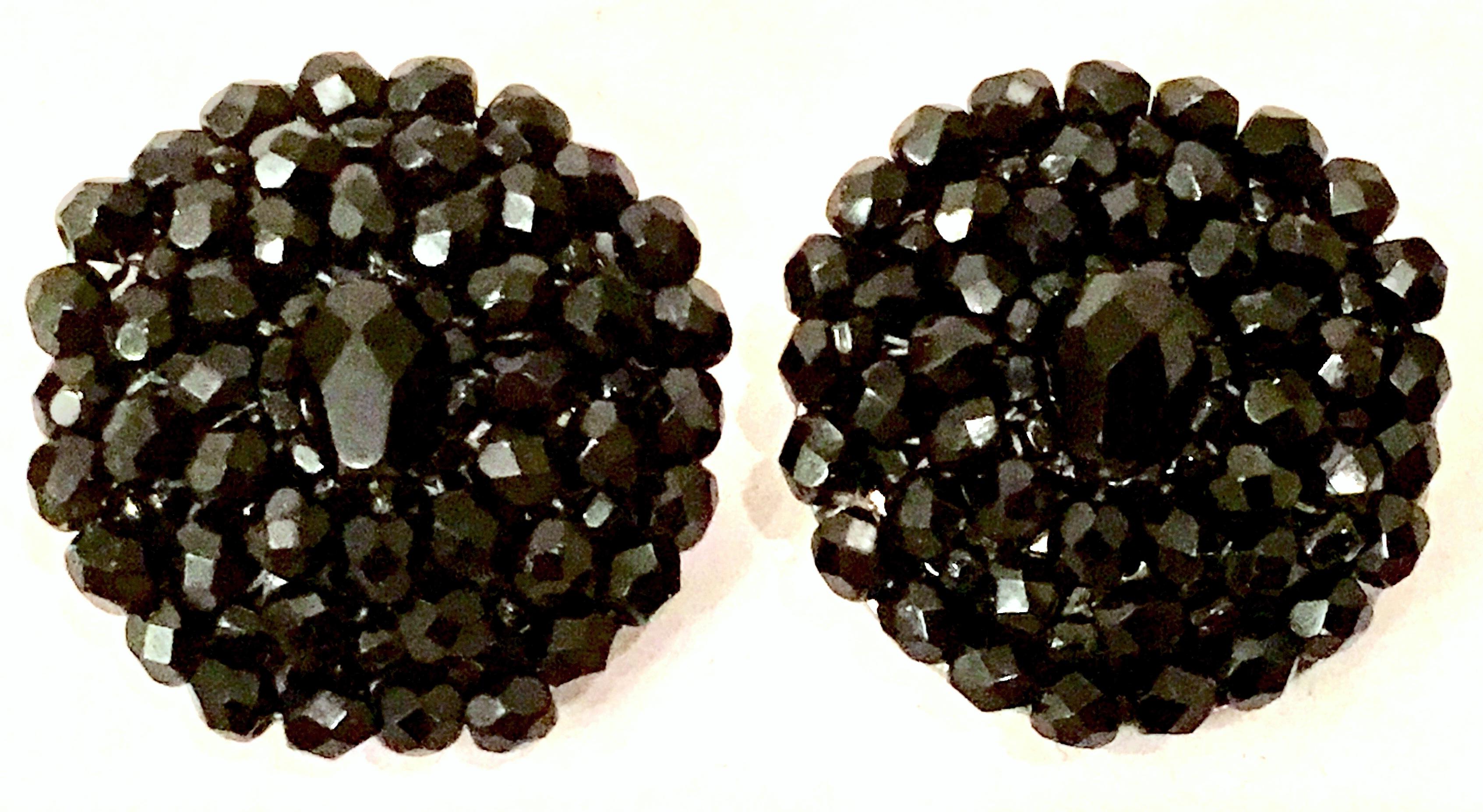 1950'S Pair Of Silver & Jet Black Cut Art Glass Earrings In Good Condition For Sale In West Palm Beach, FL