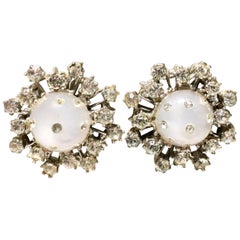 Retro 1950'S Silver, Lucite & Swarovski Crystal "Dome" Earrings