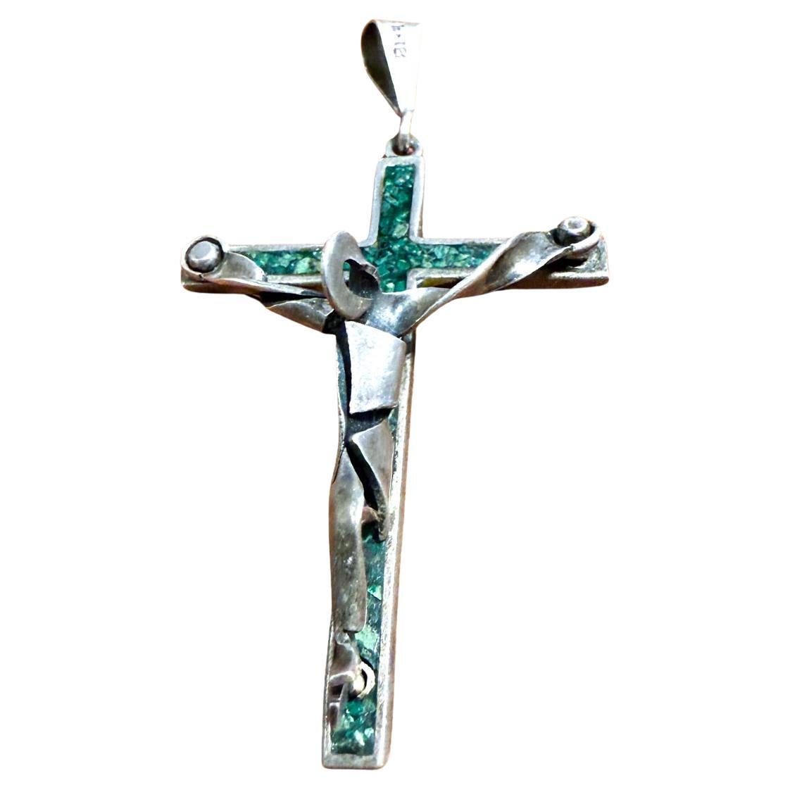 1950s Silver Malachite Abstract Cross Pendant Taxco Mexico Mosaico Azteca