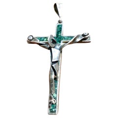 1950s Silver Malachite Abstract Cross Pendant Taxco Mexico Mosaico Azteca