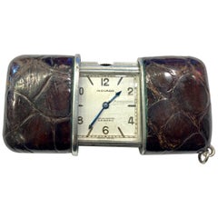 1950s Silver Movado 'Ermeto' Travelling Watch in Sliding Brown Crocodile Case