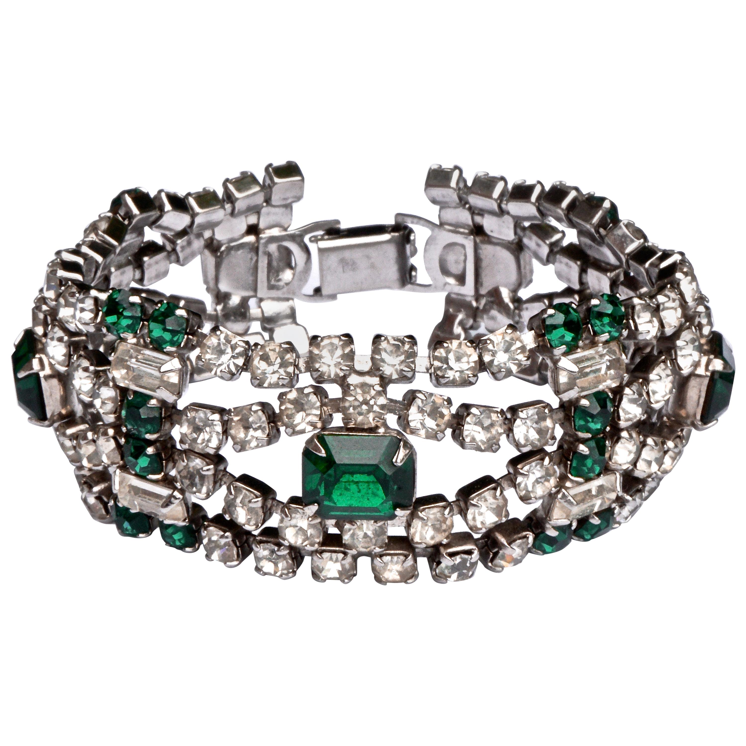 1950s Silver Tone Emerald Green and Clear Rhinestones Bracelet For Sale