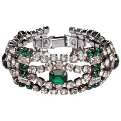 Retro 1950s Silver Tone Emerald Green and Clear Rhinestones Bracelet