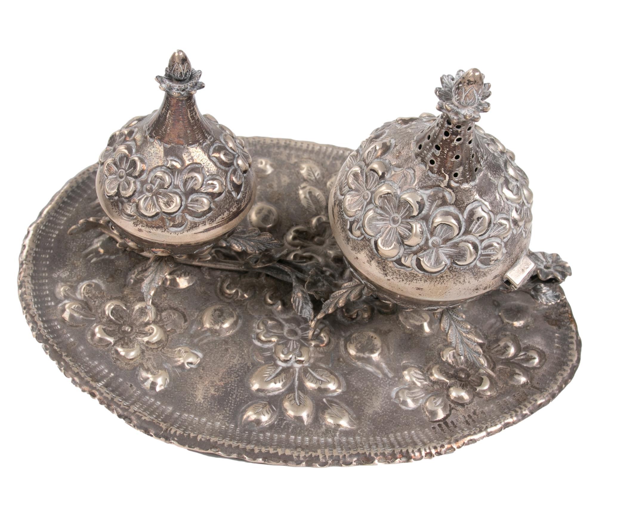 1950s Silver Tray with Two Containers for Storing and Burning Incense.