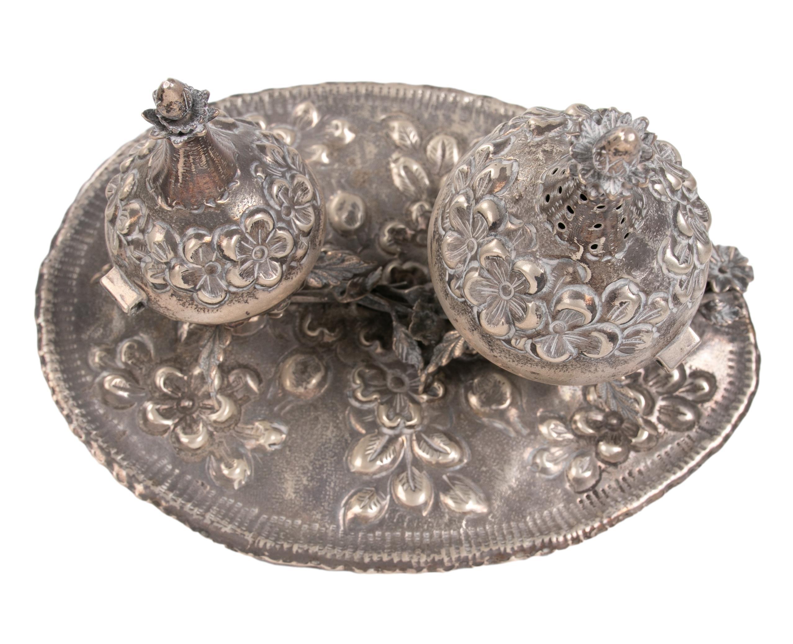 Spanish 1950s Silver Tray with Two Containers for Storing and Burning Incense For Sale