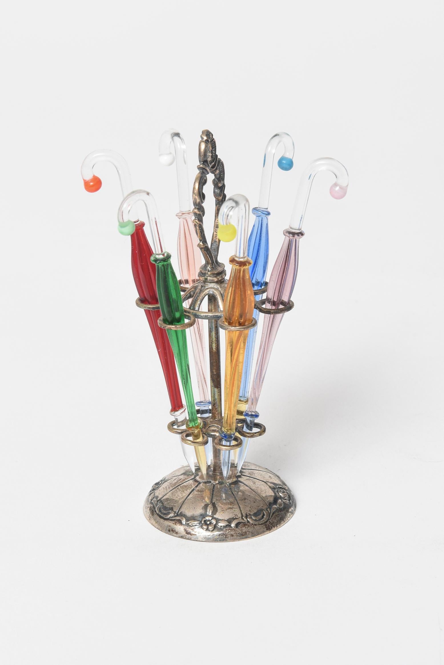 German 1950s Silver Umbrella Stand and Glass Umbrellas Cocktail Picks Set by ALBO