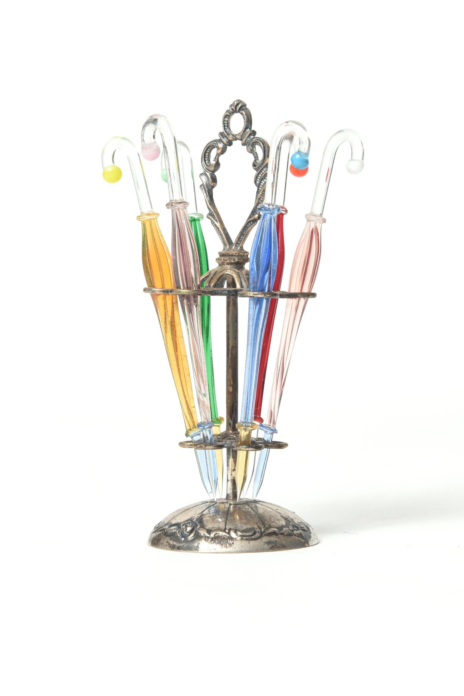 1950s Silver Umbrella Stand and Glass Umbrellas Cocktail Picks Set by ALBO In Good Condition In Miami Beach, FL
