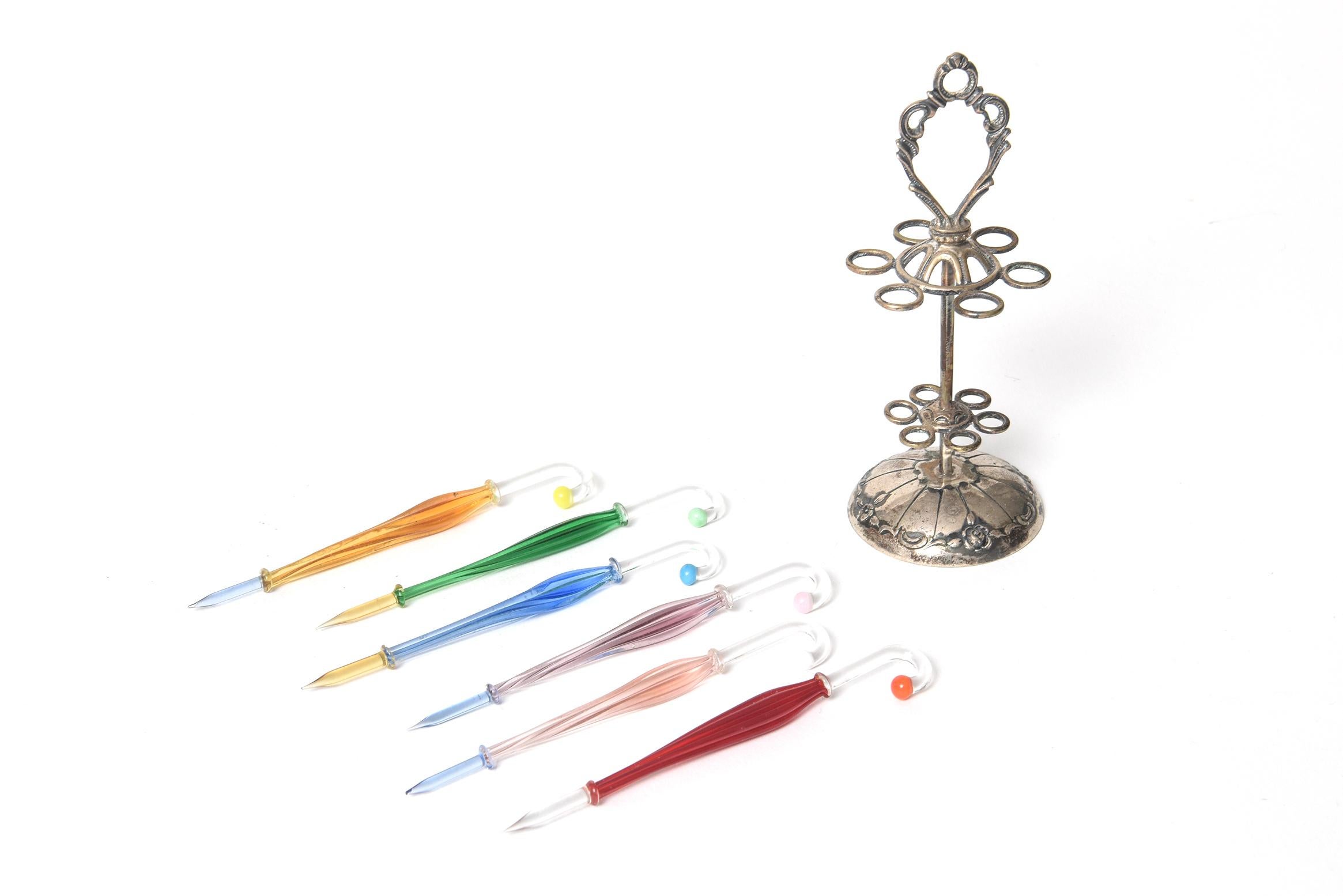 20th Century 1950s Silver Umbrella Stand and Glass Umbrellas Cocktail Picks Set by ALBO