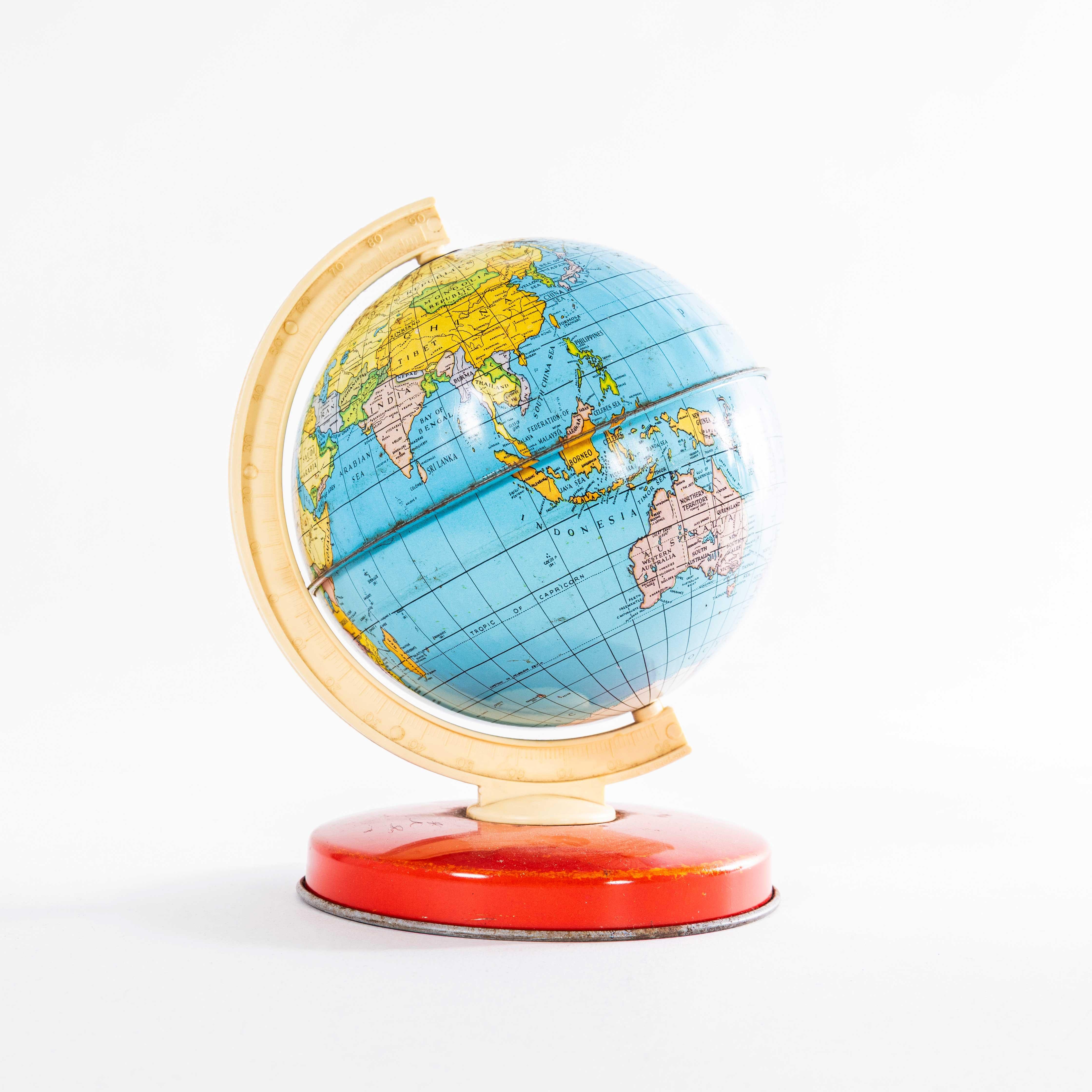 1950’s Simple Educational World Globe. 
Good version of the classic 50’s world globe. Tin base and globe.

Workshop Report:
Our workshop team inspect every product and carry out any needed repairs to ensure that everything leaves us serviced and