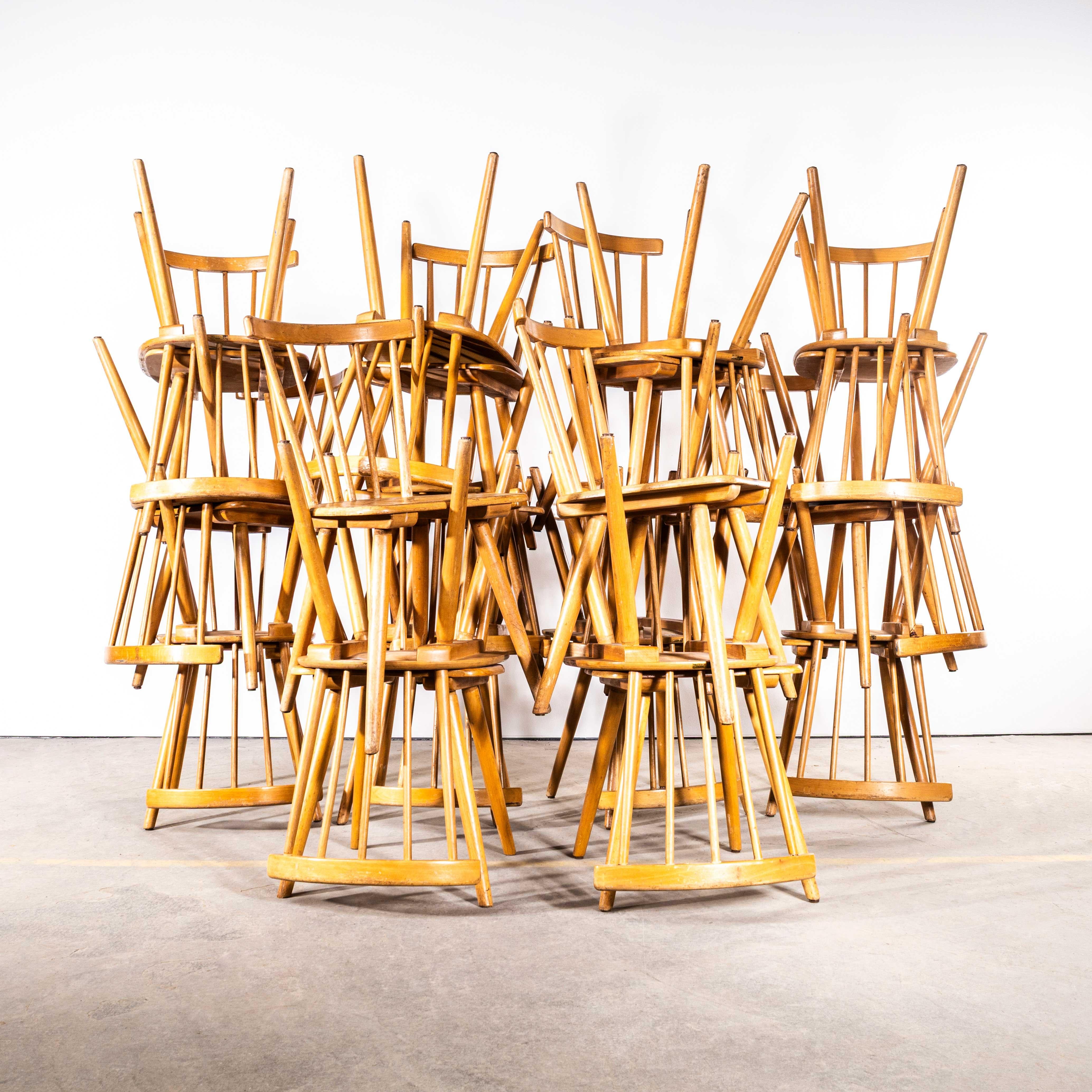 1950’s Simple Elegant Stick Back Dining Chairs – Good Quantity Available. 

Classic French stick back dining chairs made in beech wood with a lovely warm colour and original character. Beautifully made and designed, they are solid and strong, we