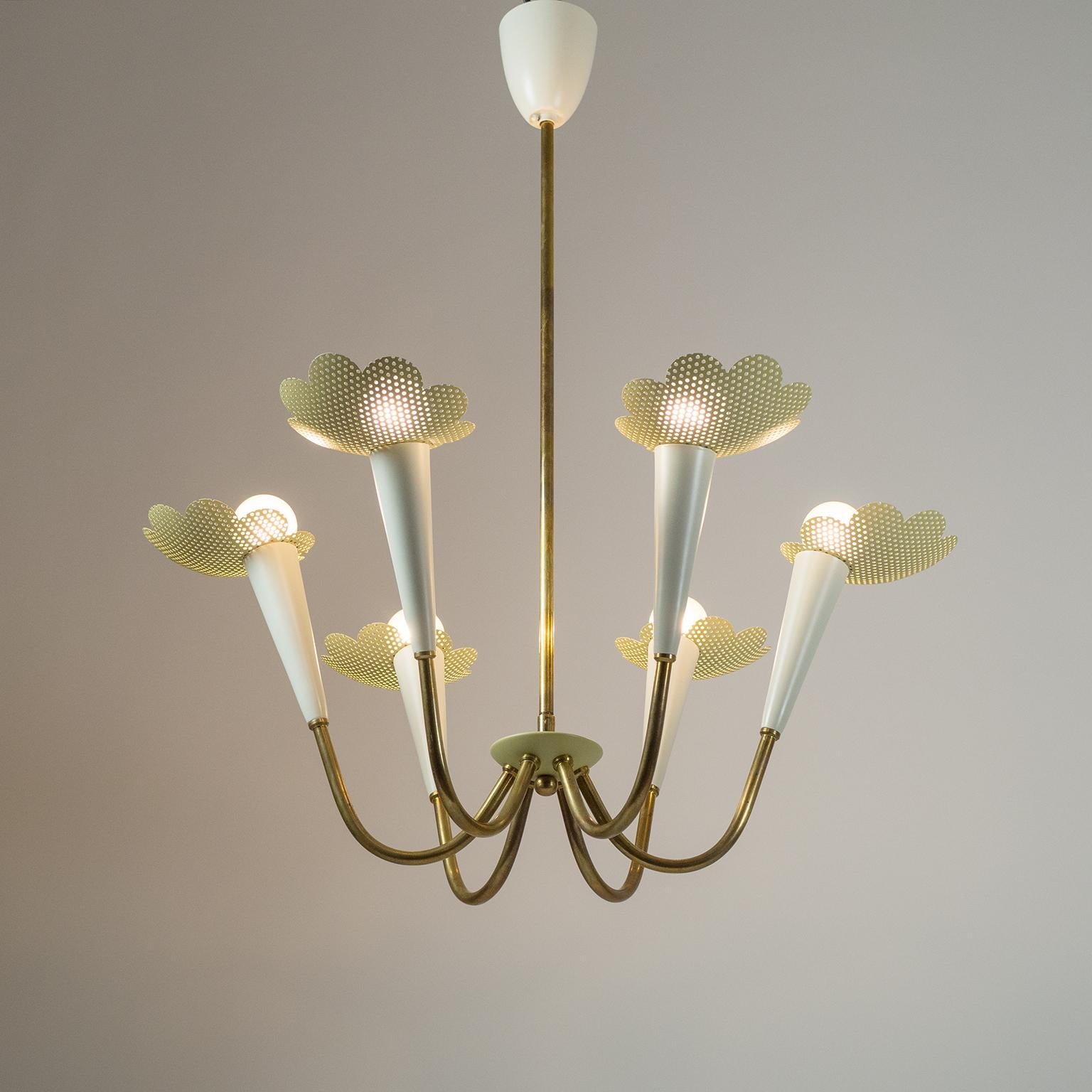 Mid-Century Modern 1950s Six-Arm Brass Chandelier with Pierced Shades