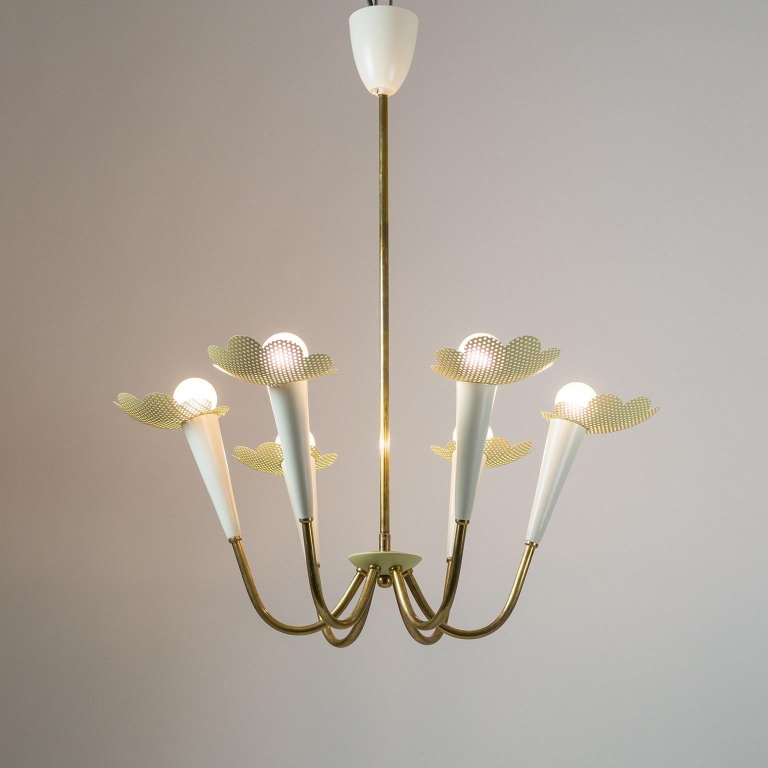 1950s Six-Arm Brass Chandelier with Pierced Shades 5