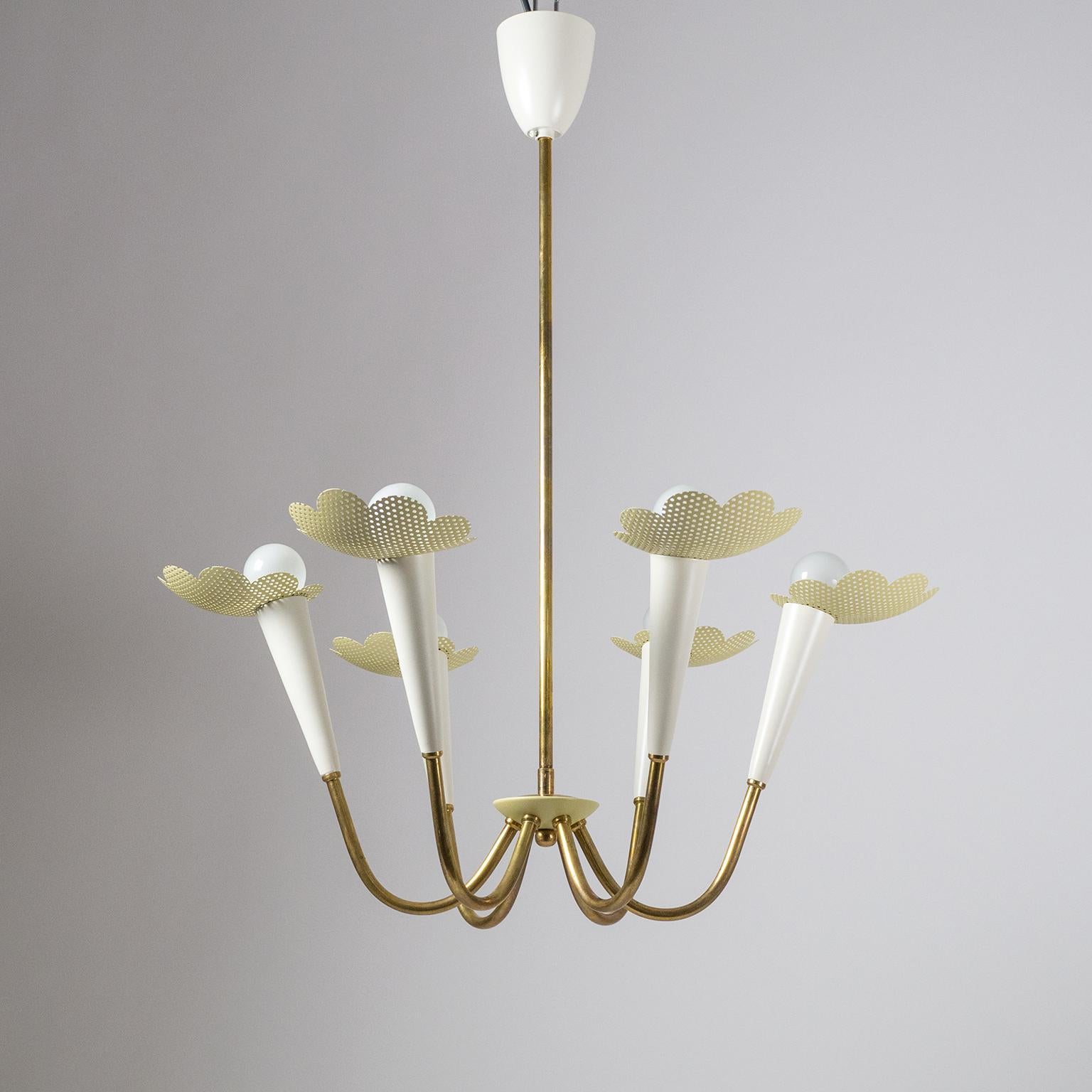 1950s Six-Arm Brass Chandelier with Pierced Shades 6