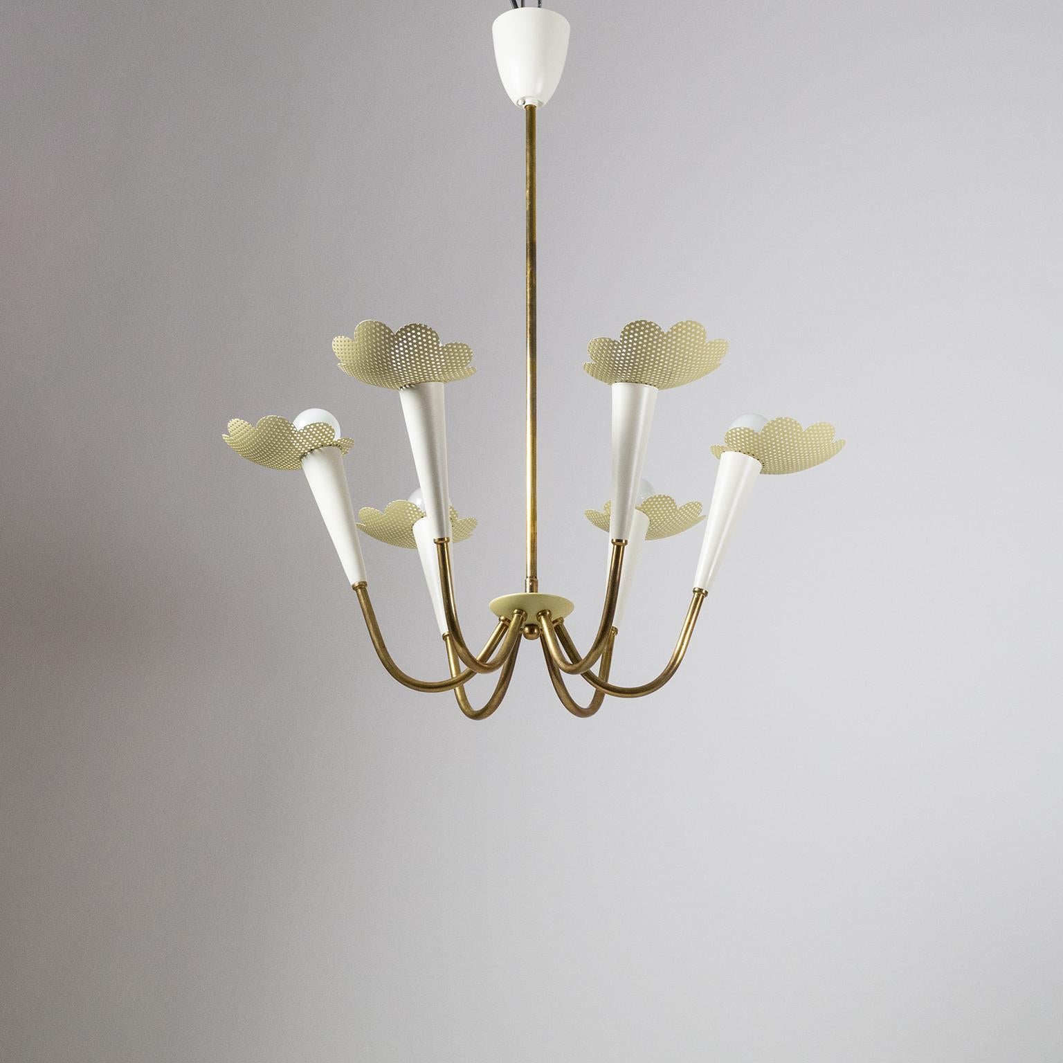 1950s Six-Arm Brass Chandelier with Pierced Shades 7