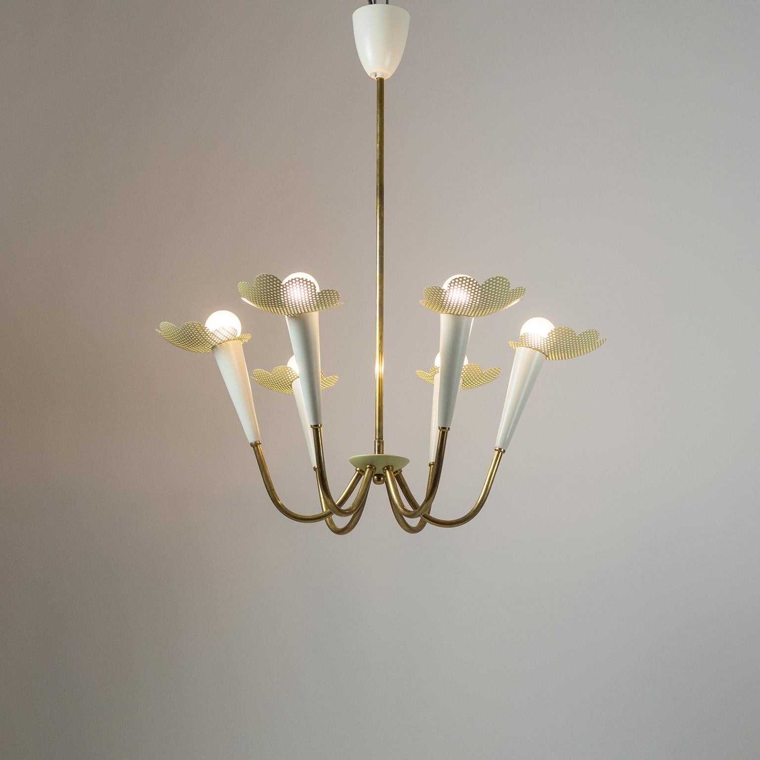 1950s Six-Arm Brass Chandelier with Pierced Shades 8