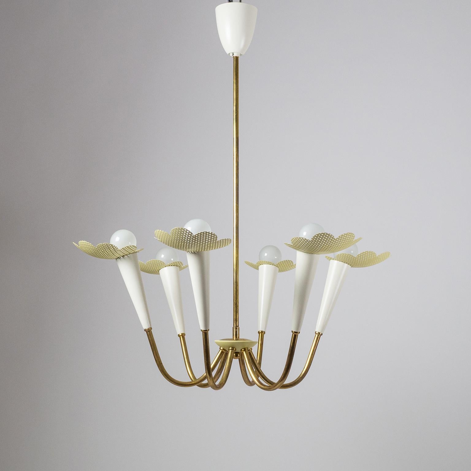 1950s Six-Arm Brass Chandelier with Pierced Shades In Good Condition In Vienna, AT