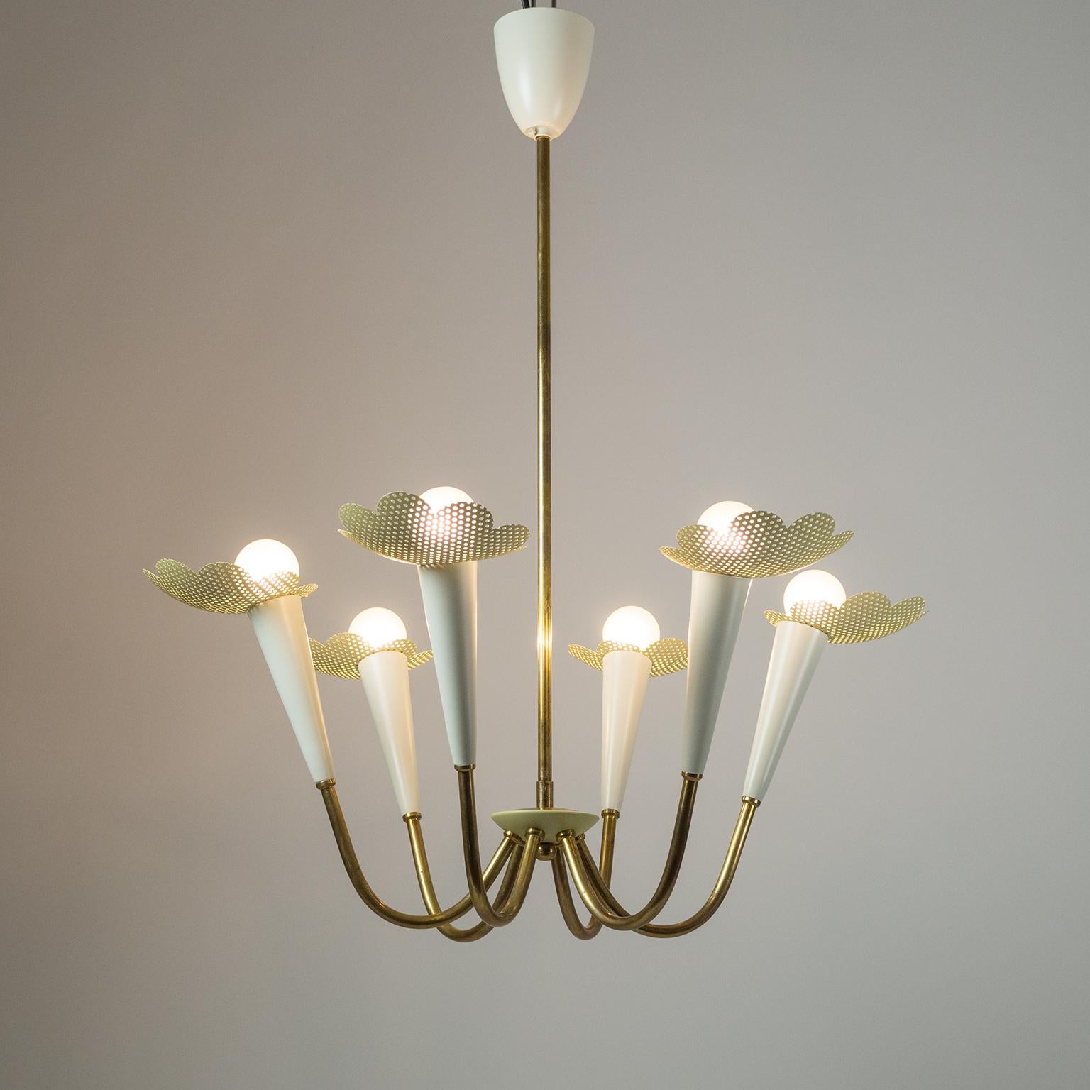 Lacquered 1950s Six-Arm Brass Chandelier with Pierced Shades