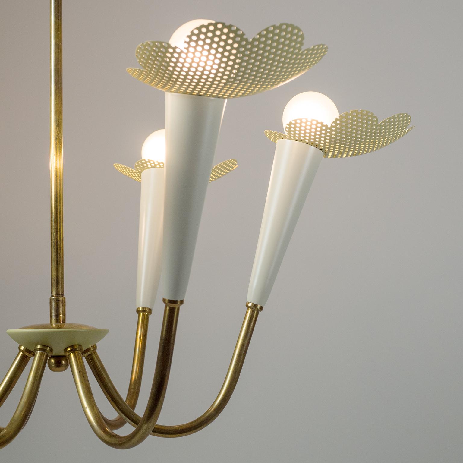 German 1950s Six-Arm Brass Chandelier with Pierced Shades